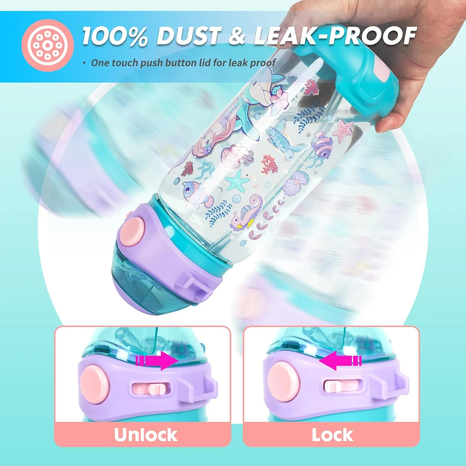 Kids Water Bottle with Straw/Lanyard for School Kids Girls Boys, 22oz BPA Free Child Drinking Water Bottle One-Click-Open Leak-Proof Locking Flip Lid for School Sport Travel