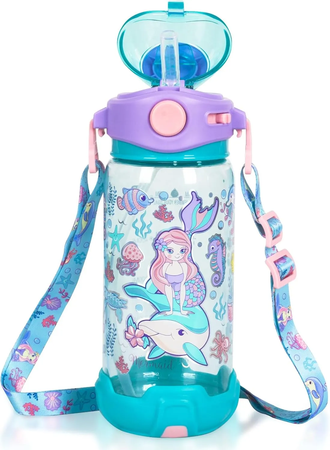 Kids Water Bottle with Straw/Lanyard for School Kids Girls Boys, 22oz BPA Free Child Drinking Water Bottle One-Click-Open Leak-Proof Locking Flip Lid for School Sport Travel