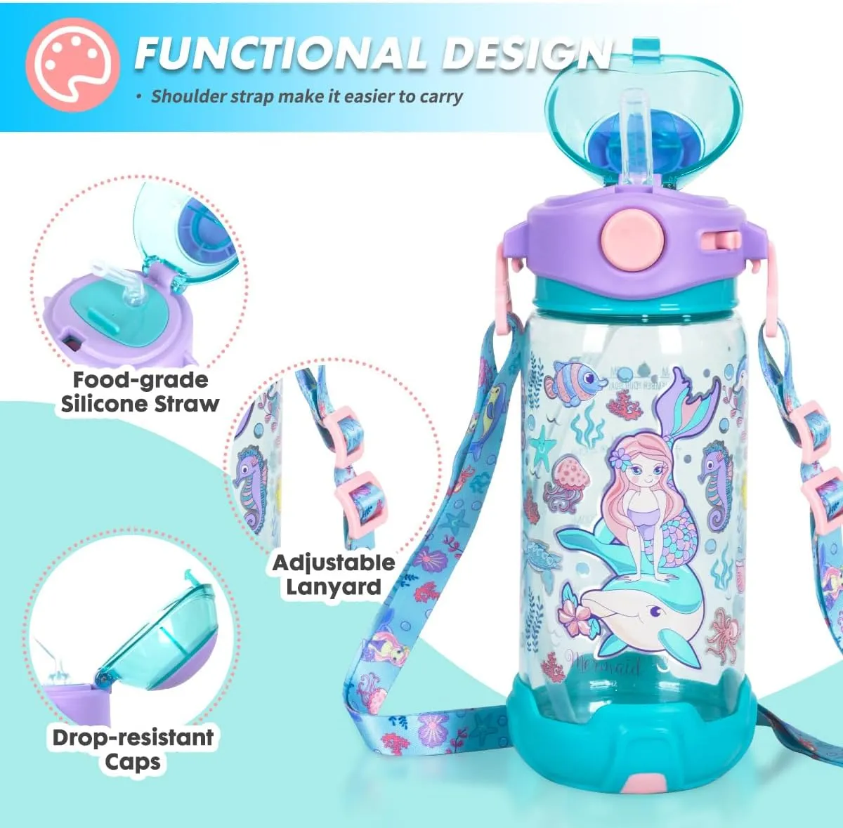 Kids Water Bottle with Straw/Lanyard for School Kids Girls Boys, 22oz BPA Free Child Drinking Water Bottle One-Click-Open Leak-Proof Locking Flip Lid for School Sport Travel