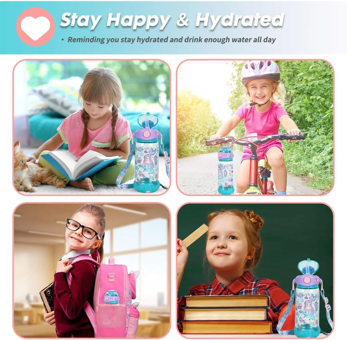 Kids Water Bottle with Straw/Lanyard for School Kids Girls Boys, 22oz BPA Free Child Drinking Water Bottle One-Click-Open Leak-Proof Locking Flip Lid for School Sport Travel
