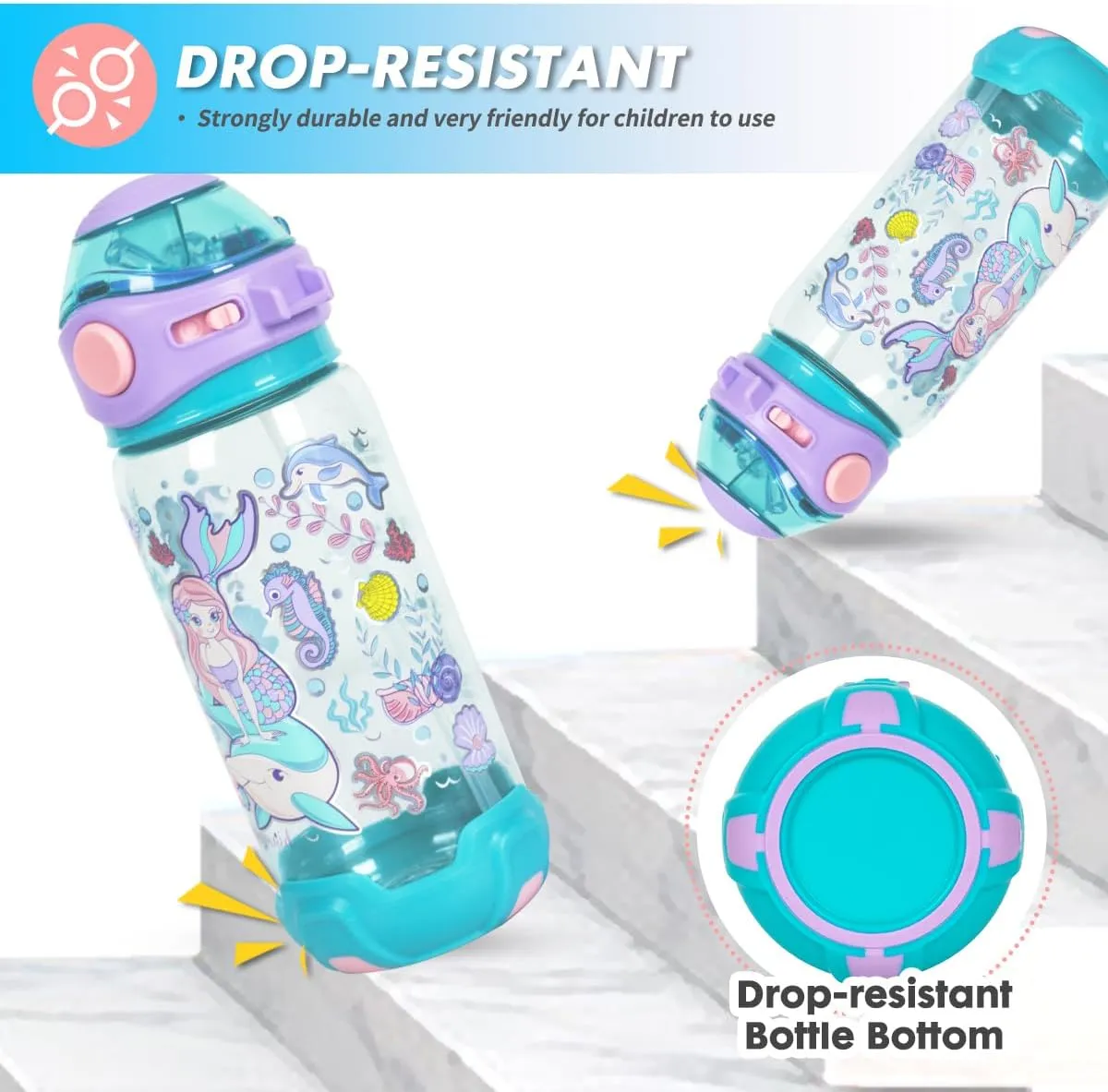 Kids Water Bottle with Straw/Lanyard for School Kids Girls Boys, 22oz BPA Free Child Drinking Water Bottle One-Click-Open Leak-Proof Locking Flip Lid for School Sport Travel