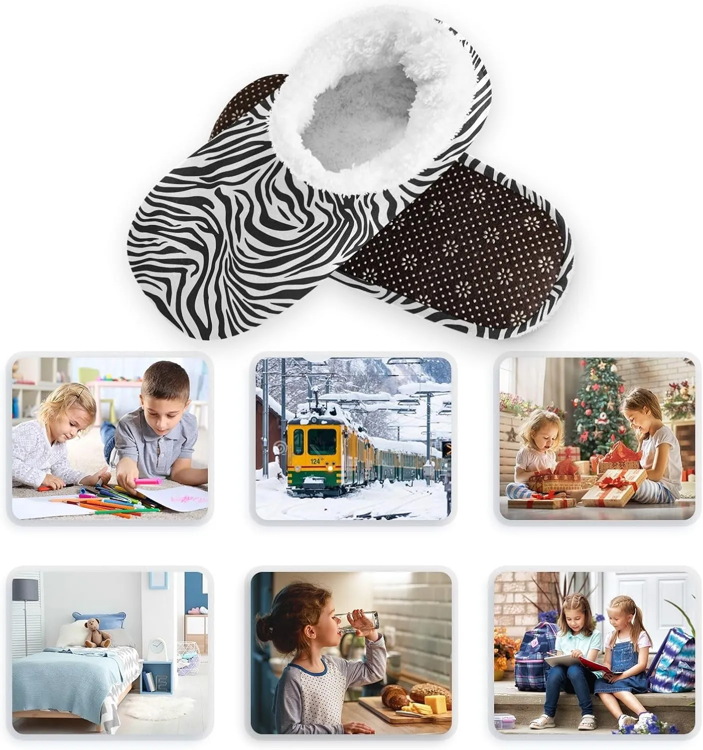 Kids Winter Slippers Black White Zebra Stripes Animal Print Warm Soft Non Slip House Slippers for Boys Girls Indoor