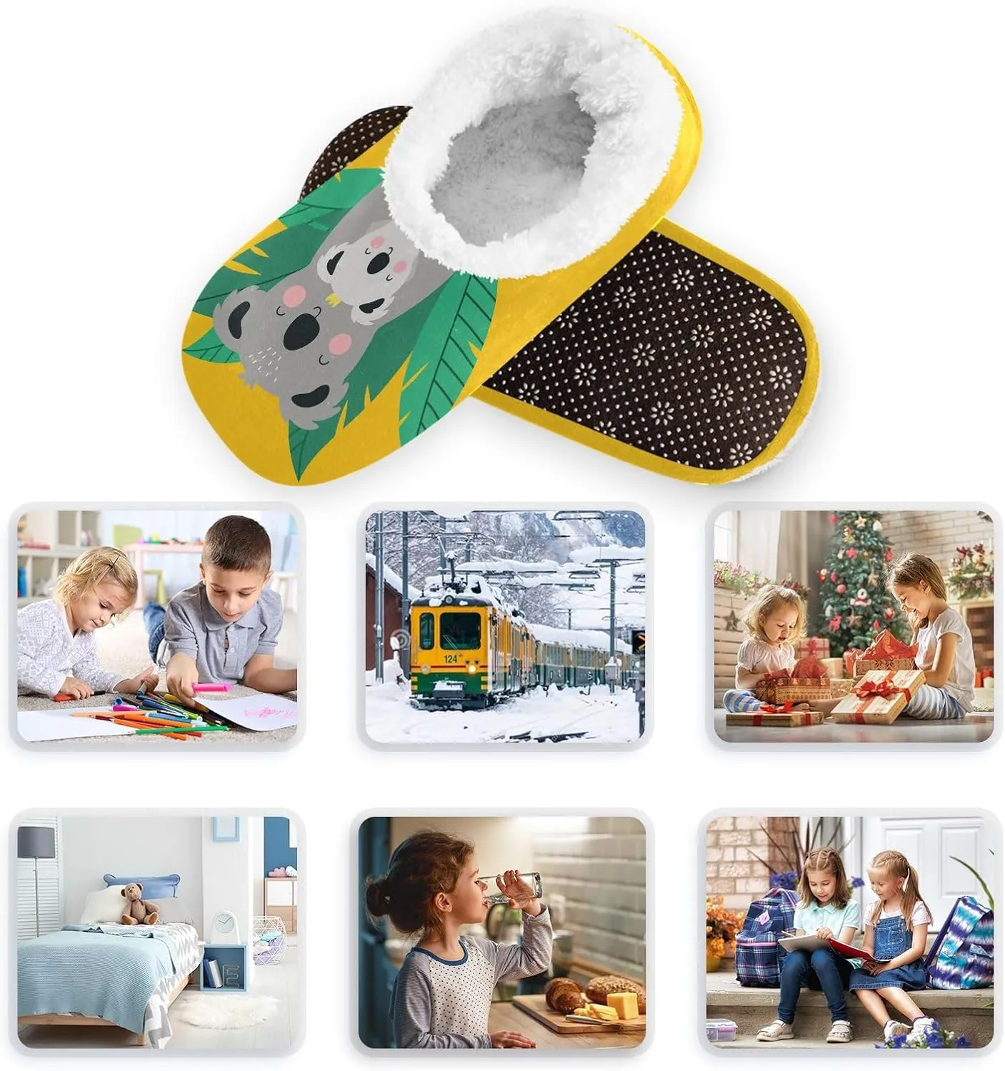 Kids Winter Slippers Cartoon Animals Koala Bear Print Warm Soft Non Slip House Slippers for Boys Girls Indoor