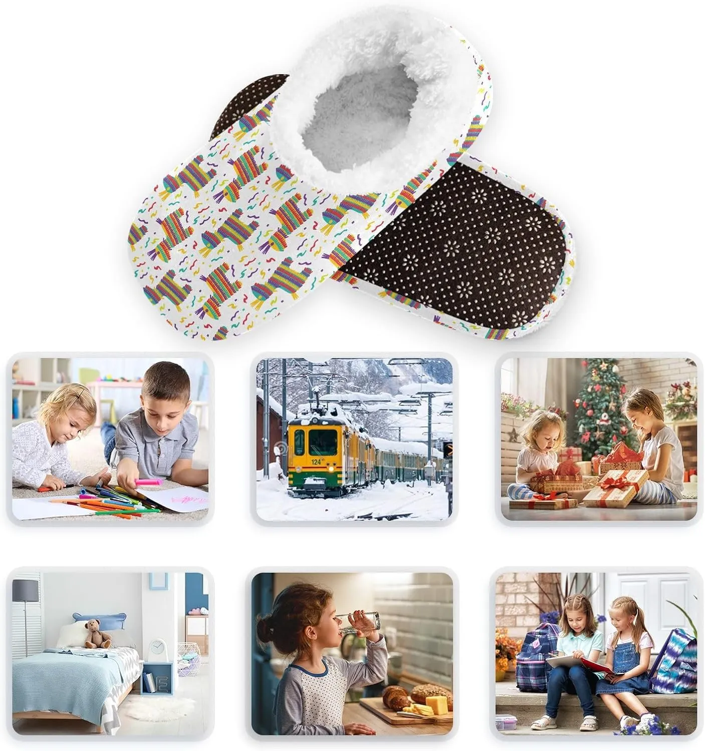 Kids Winter Slippers Cinco De Mayo Pinata Mexican Donkey Warm Soft Non Slip House Slippers for Boys Girls Indoor
