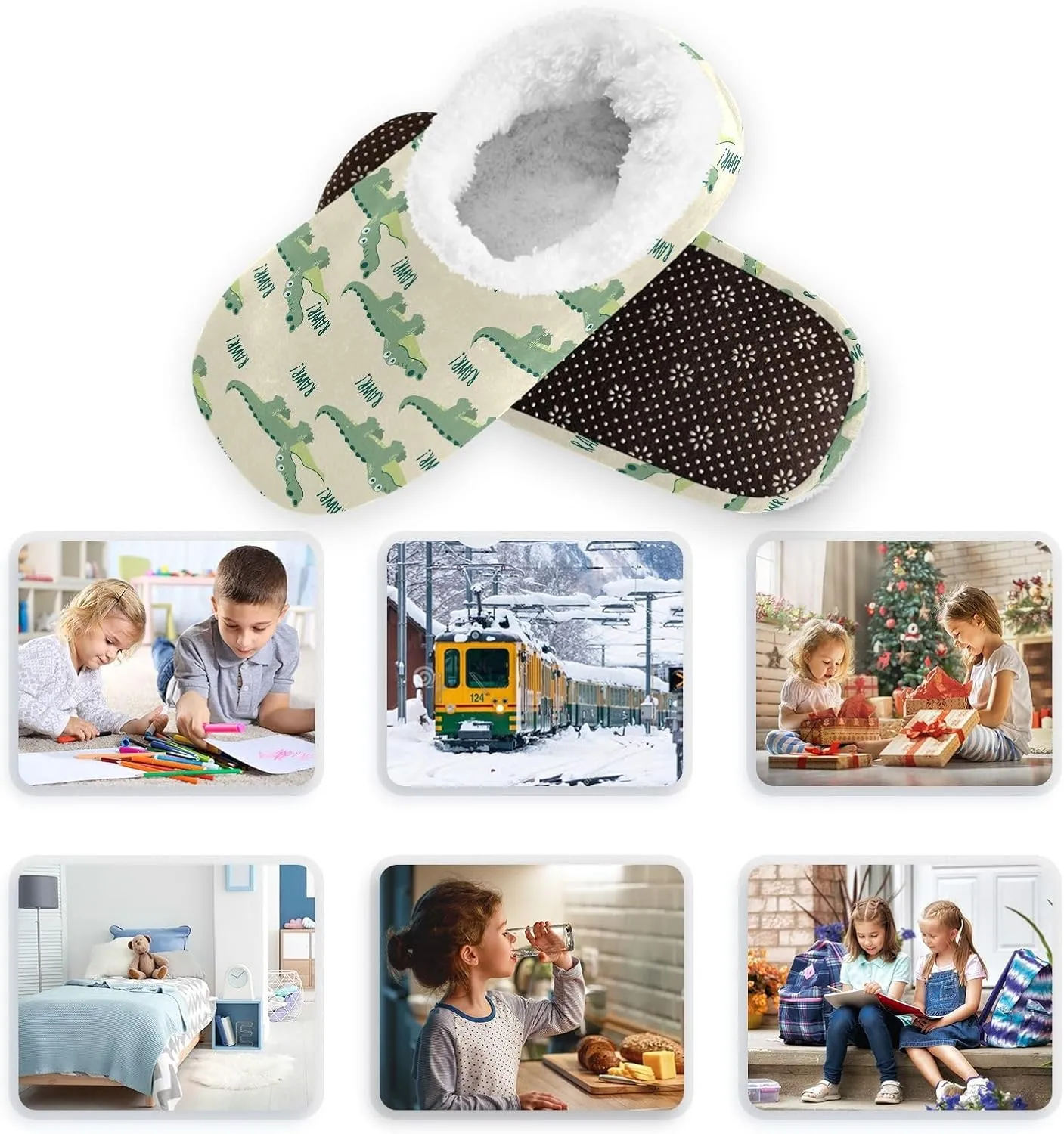 Kids Winter Slippers Crocodile Animals Seamless Cartoon Warm Soft Non Slip House Slippers for Boys Girls Indoor