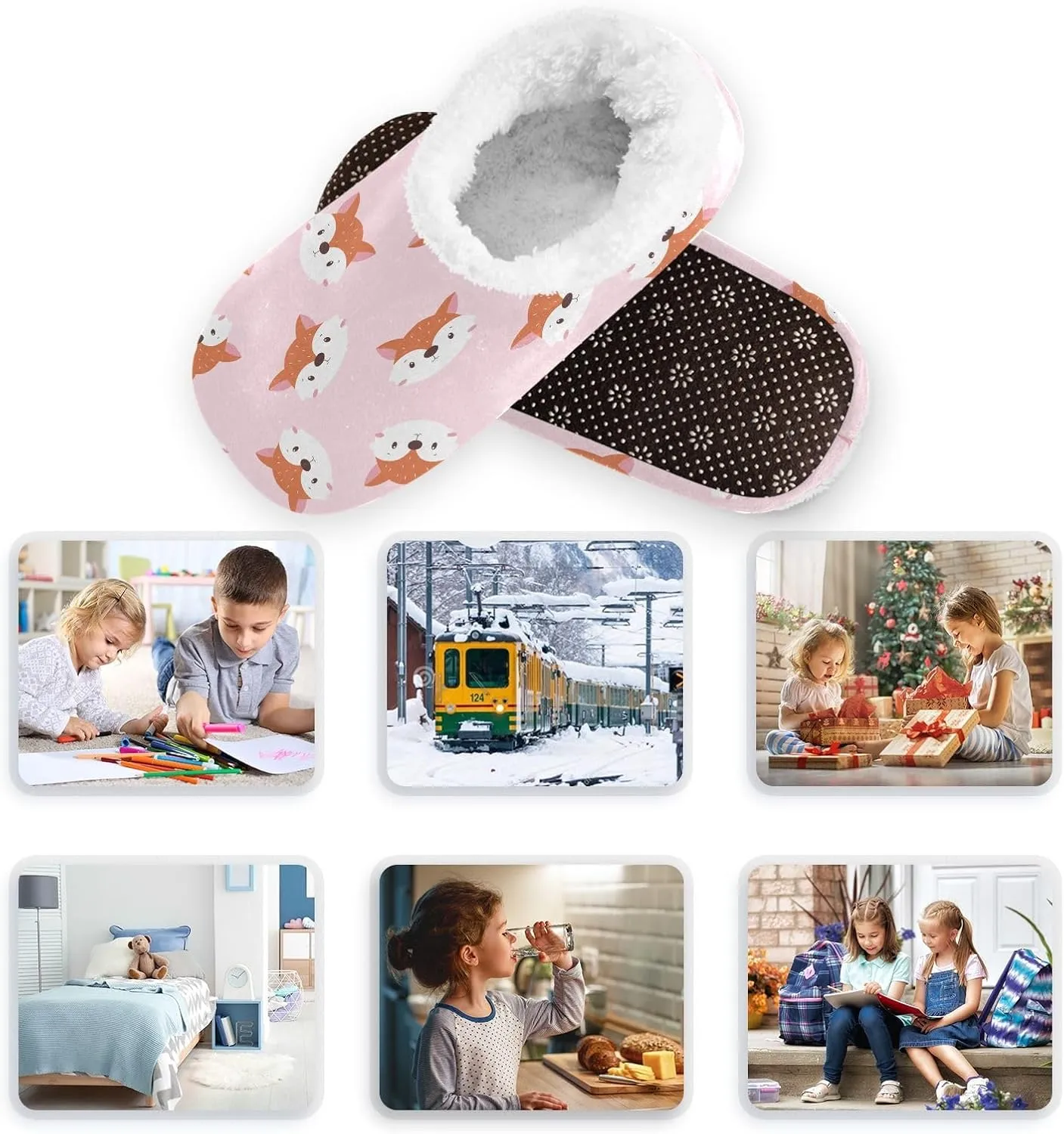 Kids Winter Slippers Cute Animals Fox Face Warm Soft Non Slip House Slippers for Boys Girls Indoor