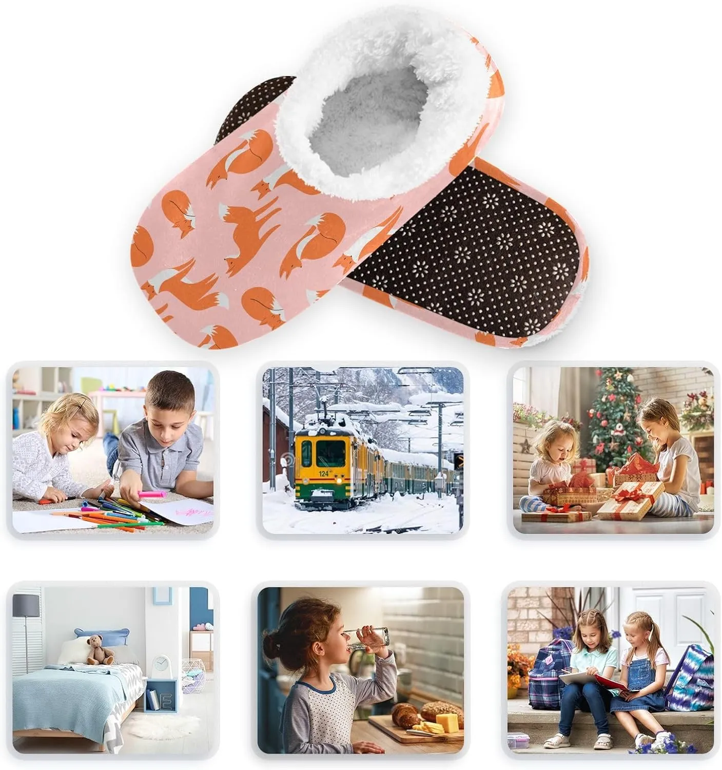 Kids Winter Slippers Cute Fox Seamless Pattern Animal Warm Soft Non Slip House Slippers for Boys Girls Indoor