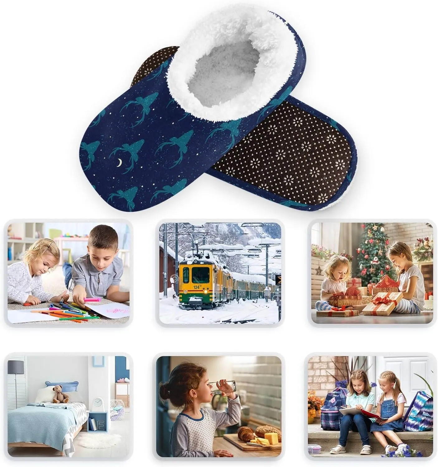 Kids Winter Slippers Deer Heads Night Sky Stars Moon Warm Soft Non Slip House Slippers for Boys Girls Indoor