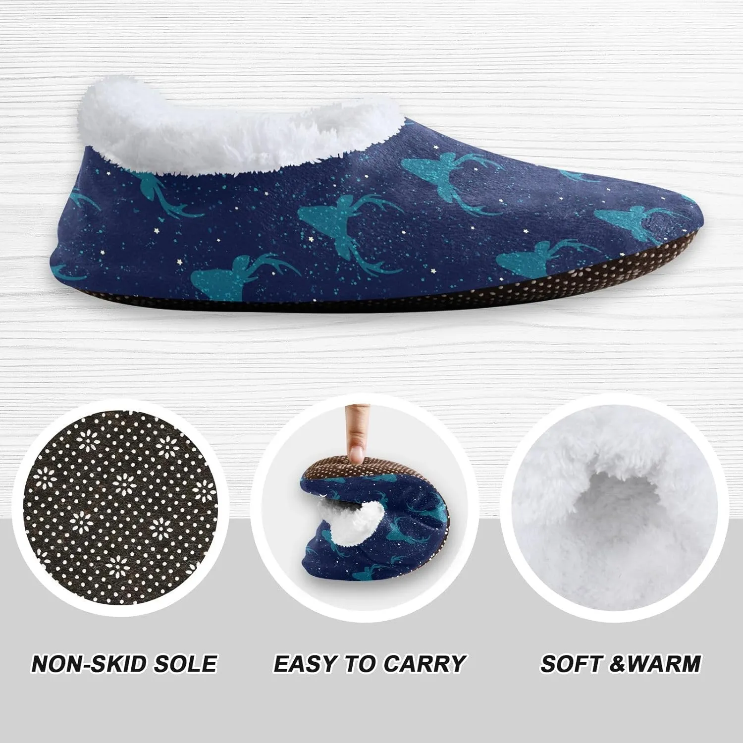 Kids Winter Slippers Deer Heads Night Sky Stars Moon Warm Soft Non Slip House Slippers for Boys Girls Indoor