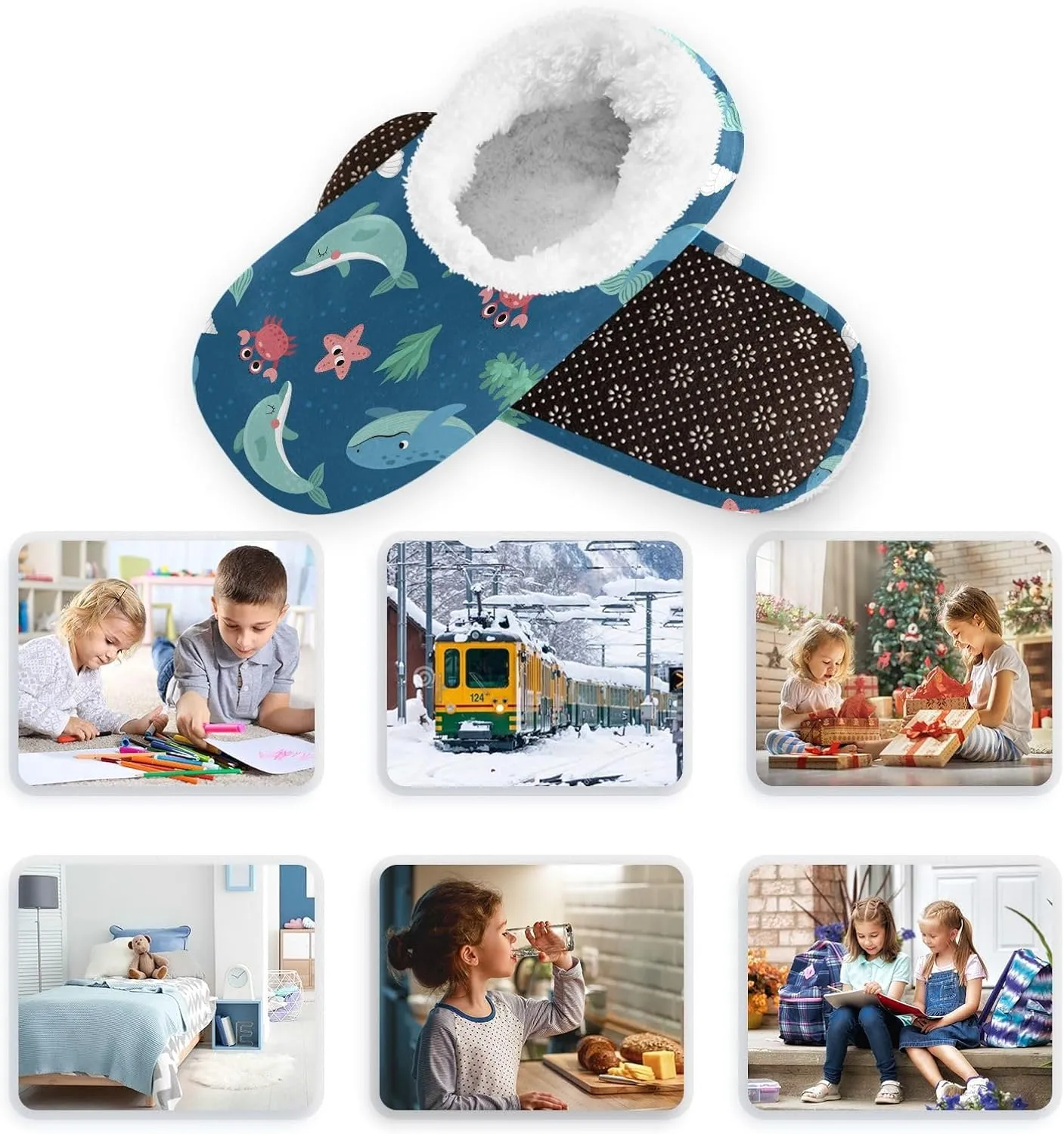 Kids Winter Slippers Dolphin Whale Cartoon Animals Warm Soft Non Slip House Slippers for Boys Girls Indoor