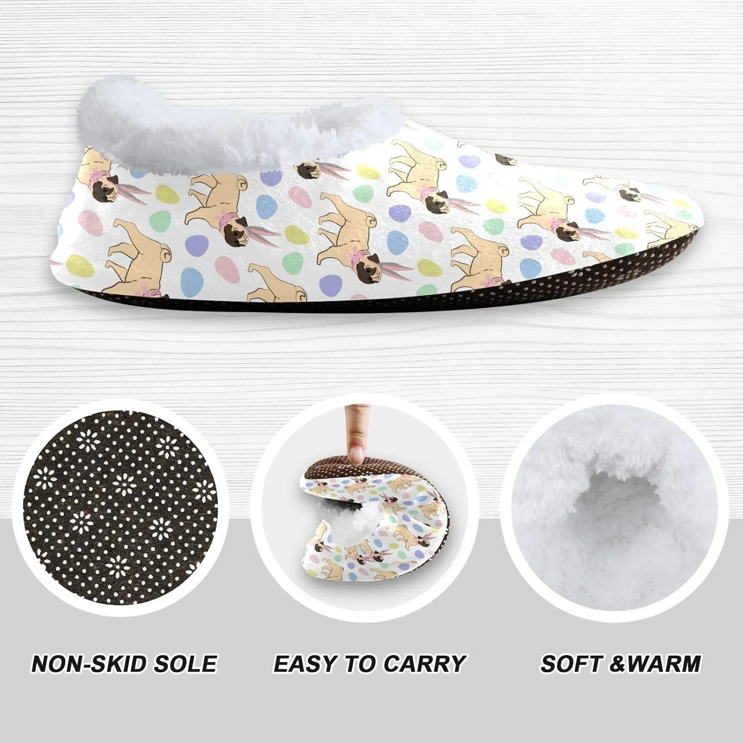 Kids Winter Slippers Easter Pug Bunny Ears Colorful Eggs Warm Soft Non Slip House Slippers for Boys Girls Indoor