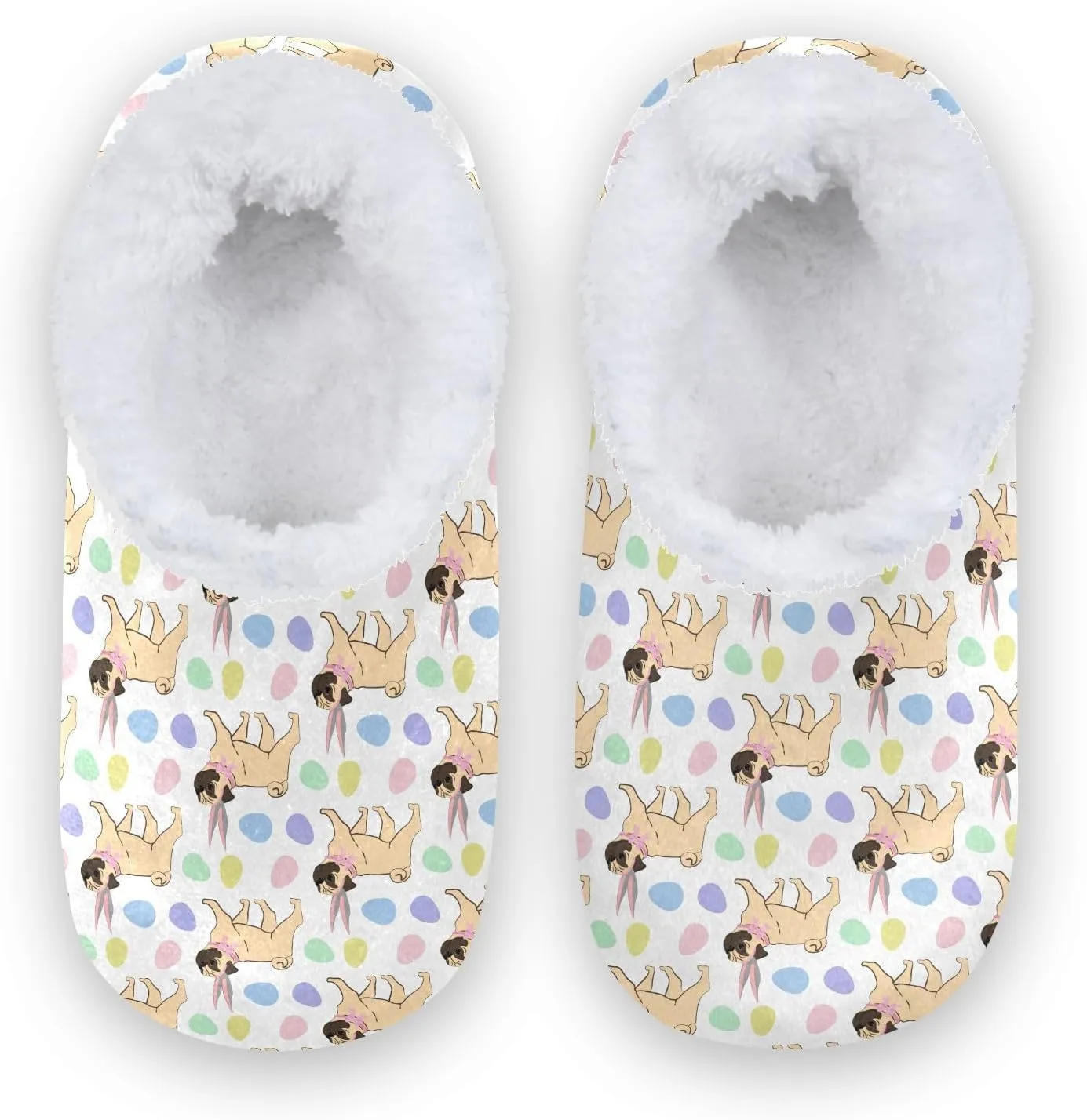 Kids Winter Slippers Easter Pug Bunny Ears Colorful Eggs Warm Soft Non Slip House Slippers for Boys Girls Indoor