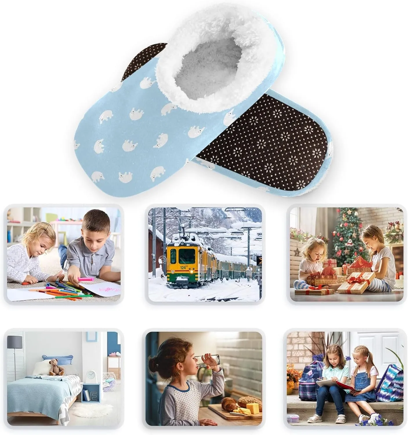 Kids Winter Slippers for Boys Girls Blue White Polar Bear Cartoon Warm Soft Non Slip House Slippers Children Indoor