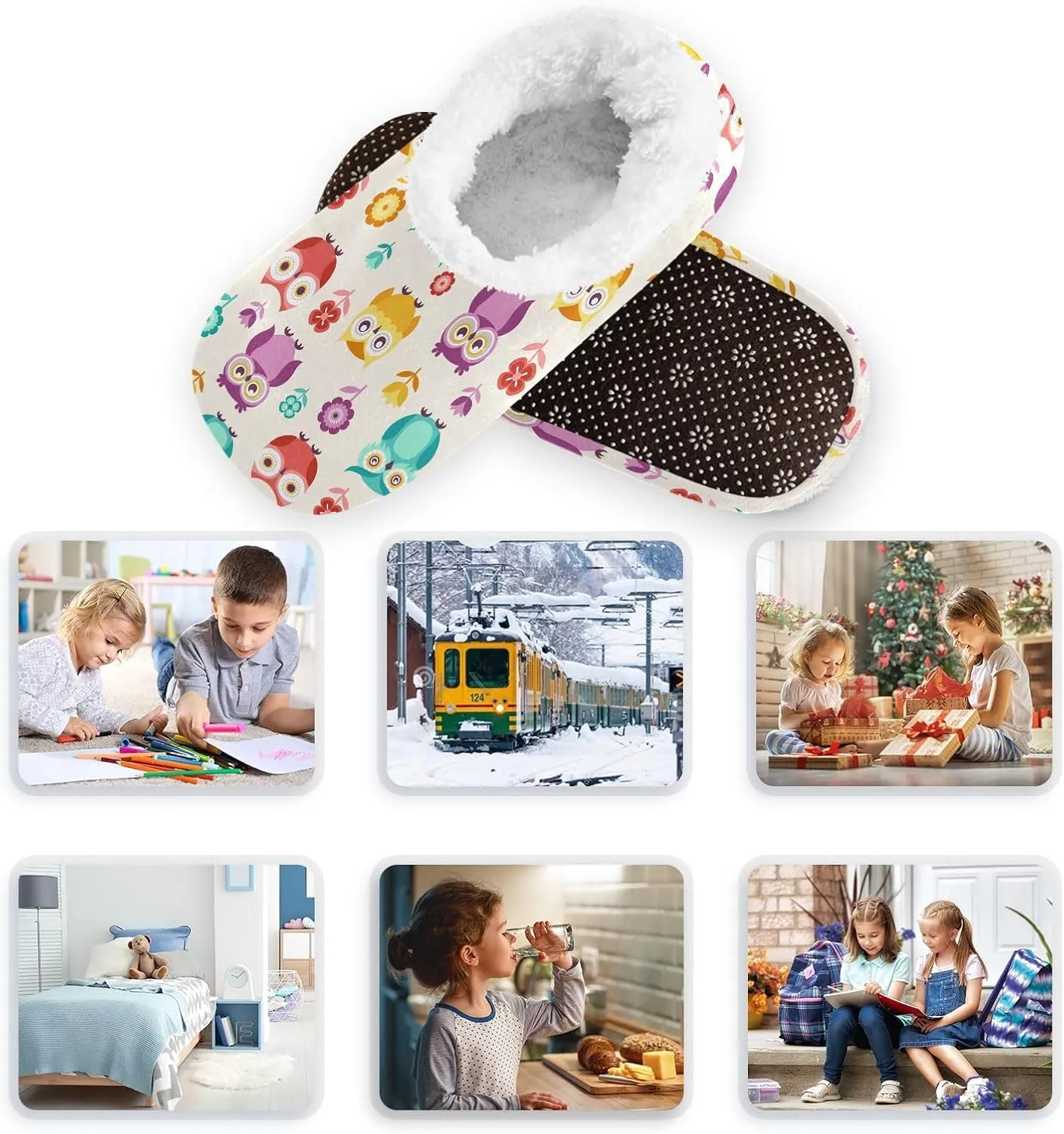 Kids Winter Slippers for Boys Girls Cartoon Owls Bird Floral Warm Soft Non Slip House Slippers Children Indoor