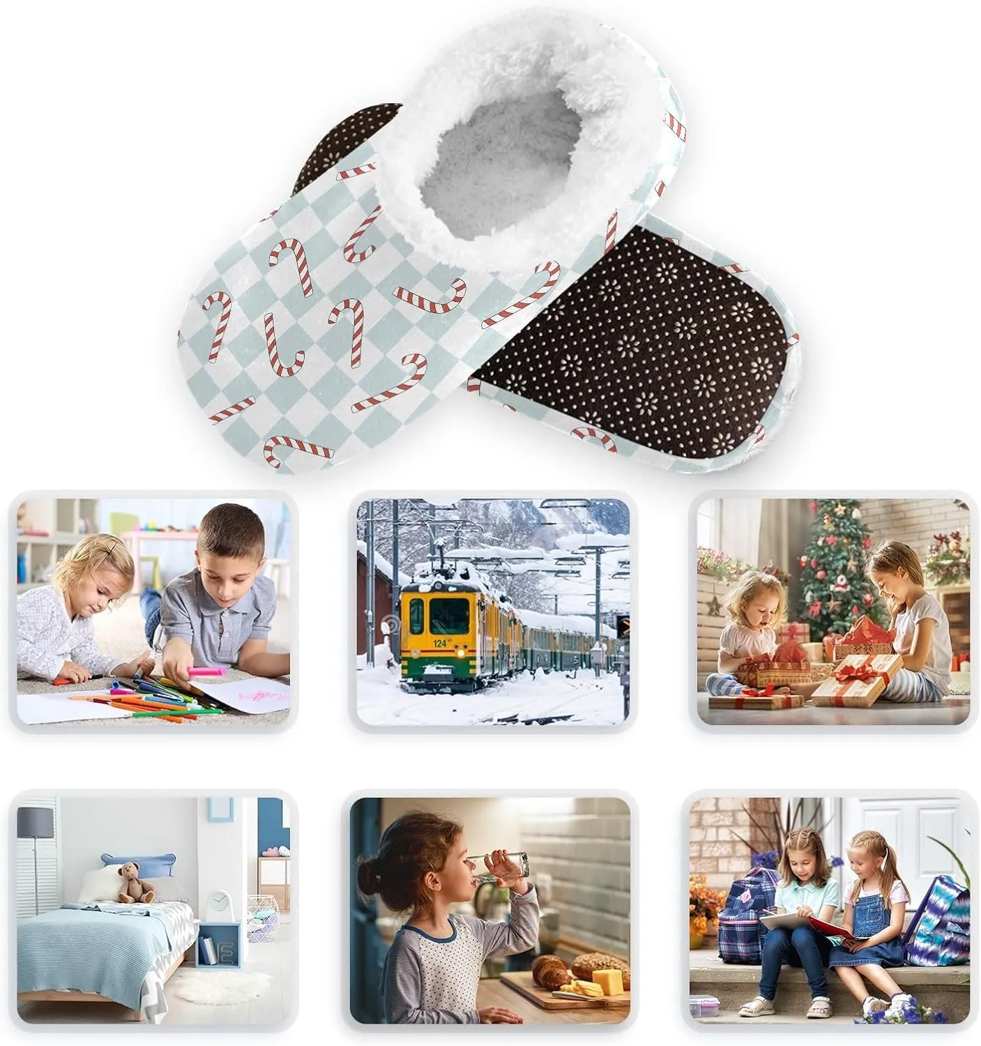 Kids Winter Slippers for Boys Girls Christmas Candy Cane Grid Warm Soft Non Slip House Slippers Children Indoor