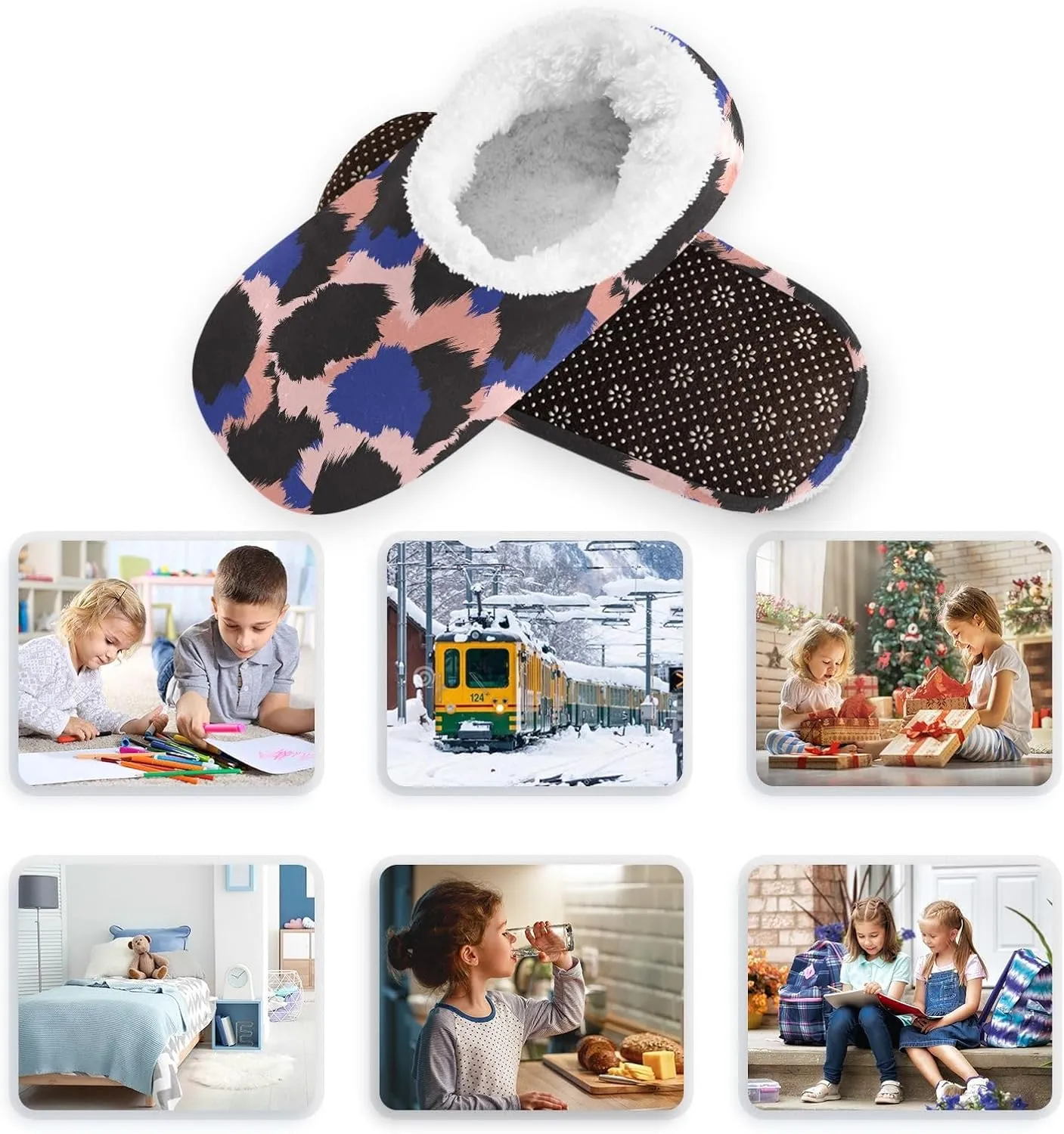 Kids Winter Slippers for Boys Girls Cow Leopard Print Colorful Warm Soft Non Slip House Slippers Children Indoor