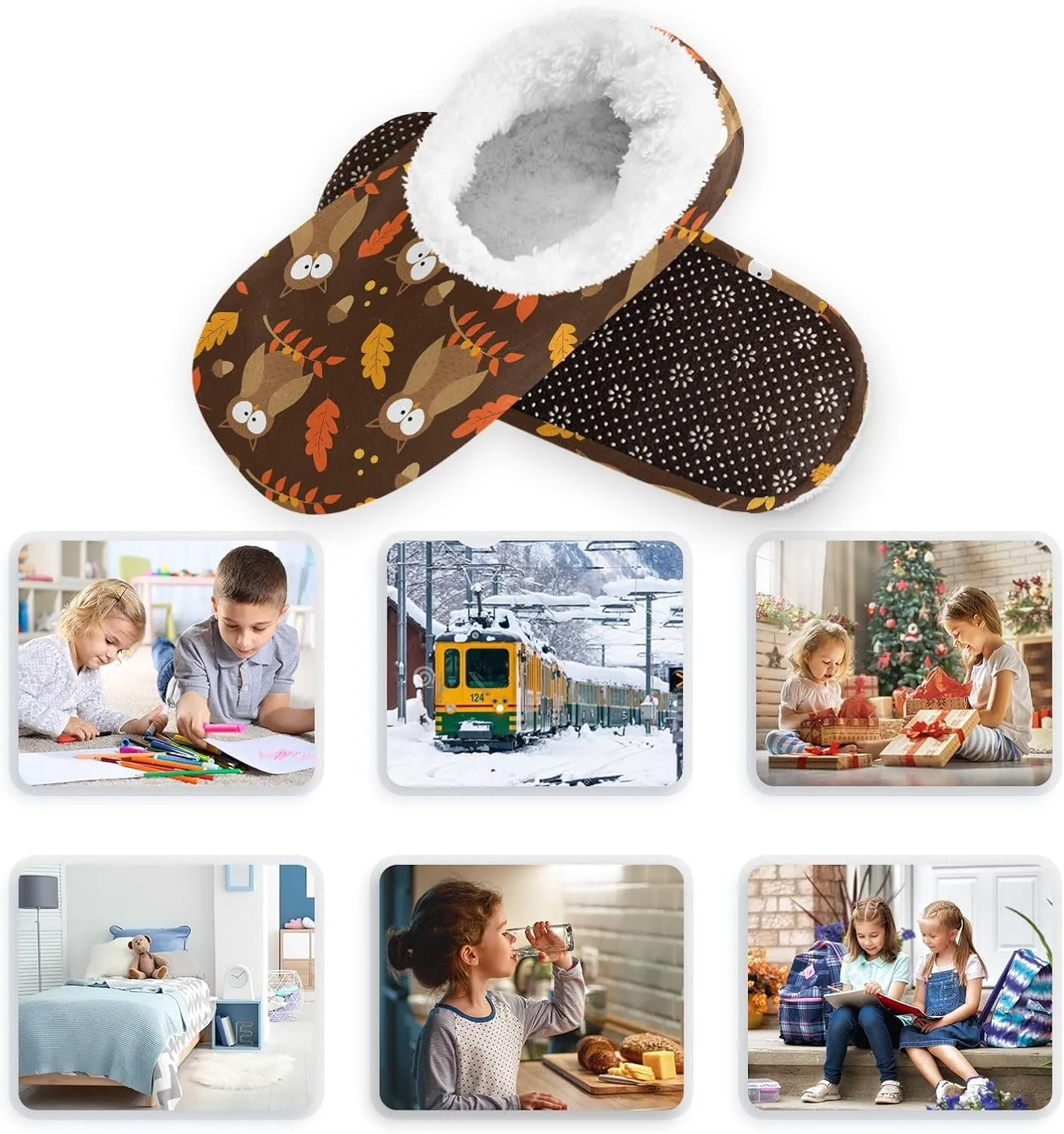 Kids Winter Slippers for Boys Girls Cute Owl Birds Autumn Leaves Warm Soft Non Slip House Slippers Children Indoor