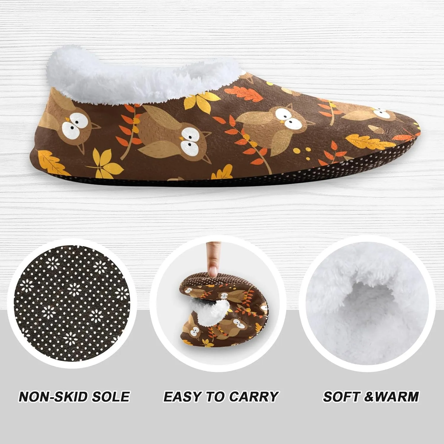 Kids Winter Slippers for Boys Girls Cute Owl Birds Autumn Leaves Warm Soft Non Slip House Slippers Children Indoor