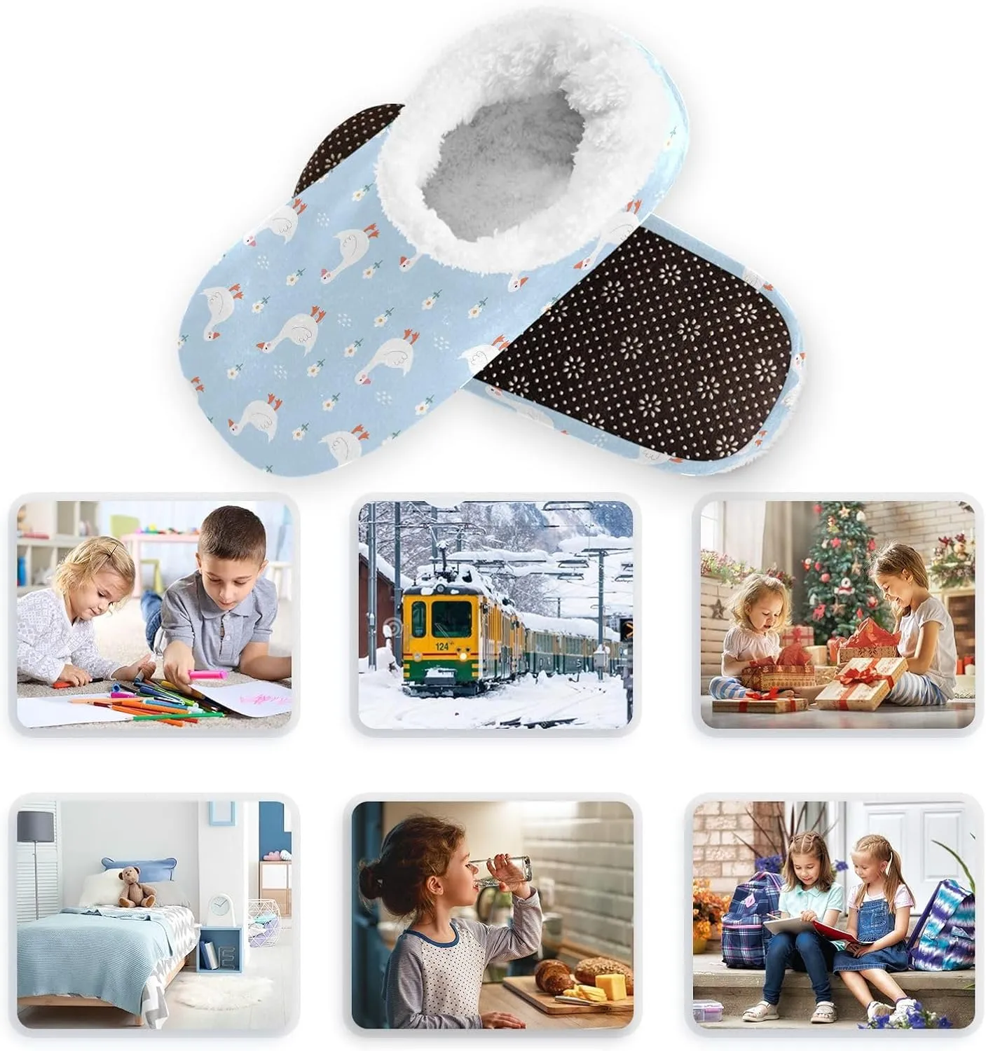 Kids Winter Slippers for Boys Girls Goose White Duck and Floral Warm Soft Non Slip House Slippers Children Indoor