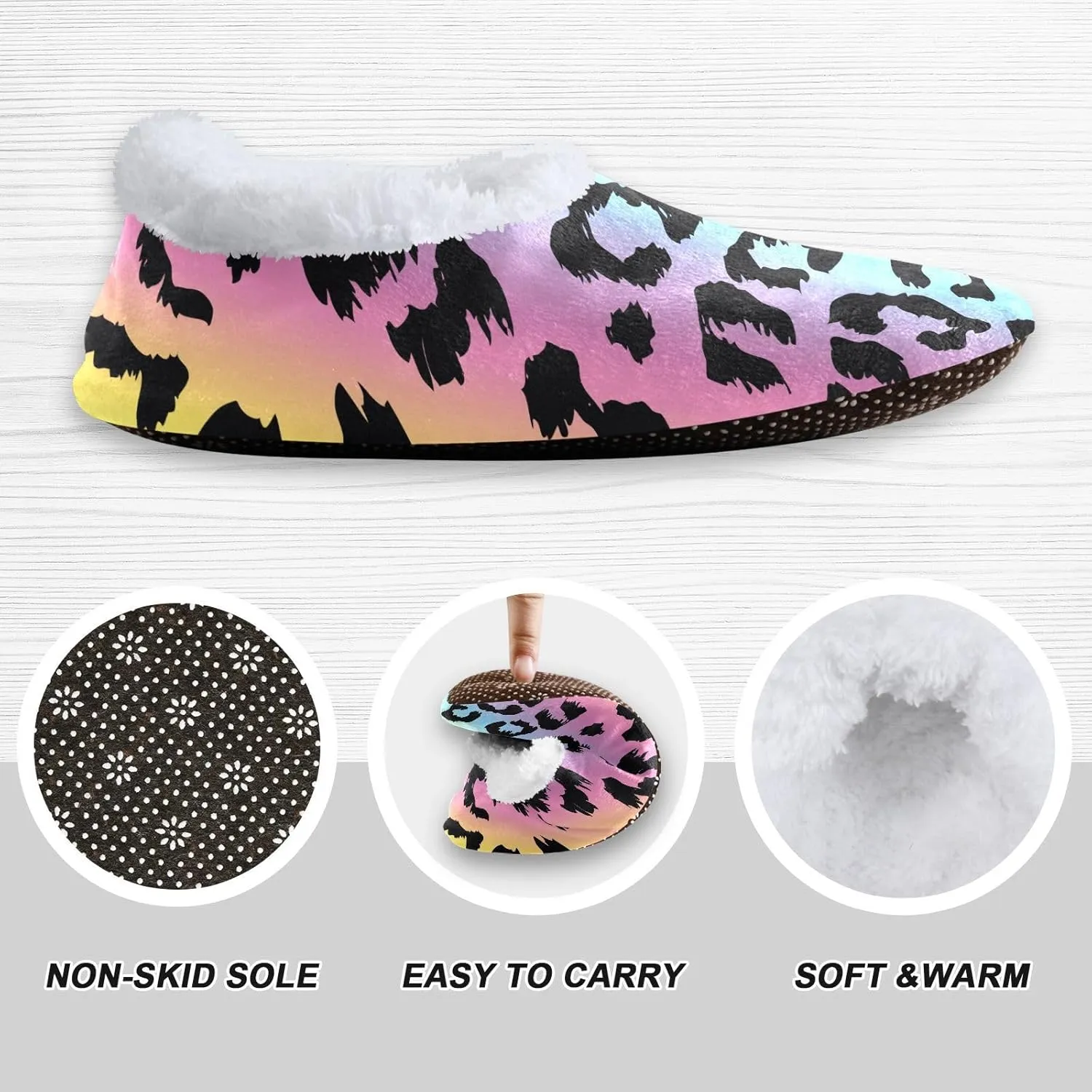 Kids Winter Slippers for Boys Girls Leopard Rainbow Animal Print Warm Soft Non Slip House Slippers Children Indoor