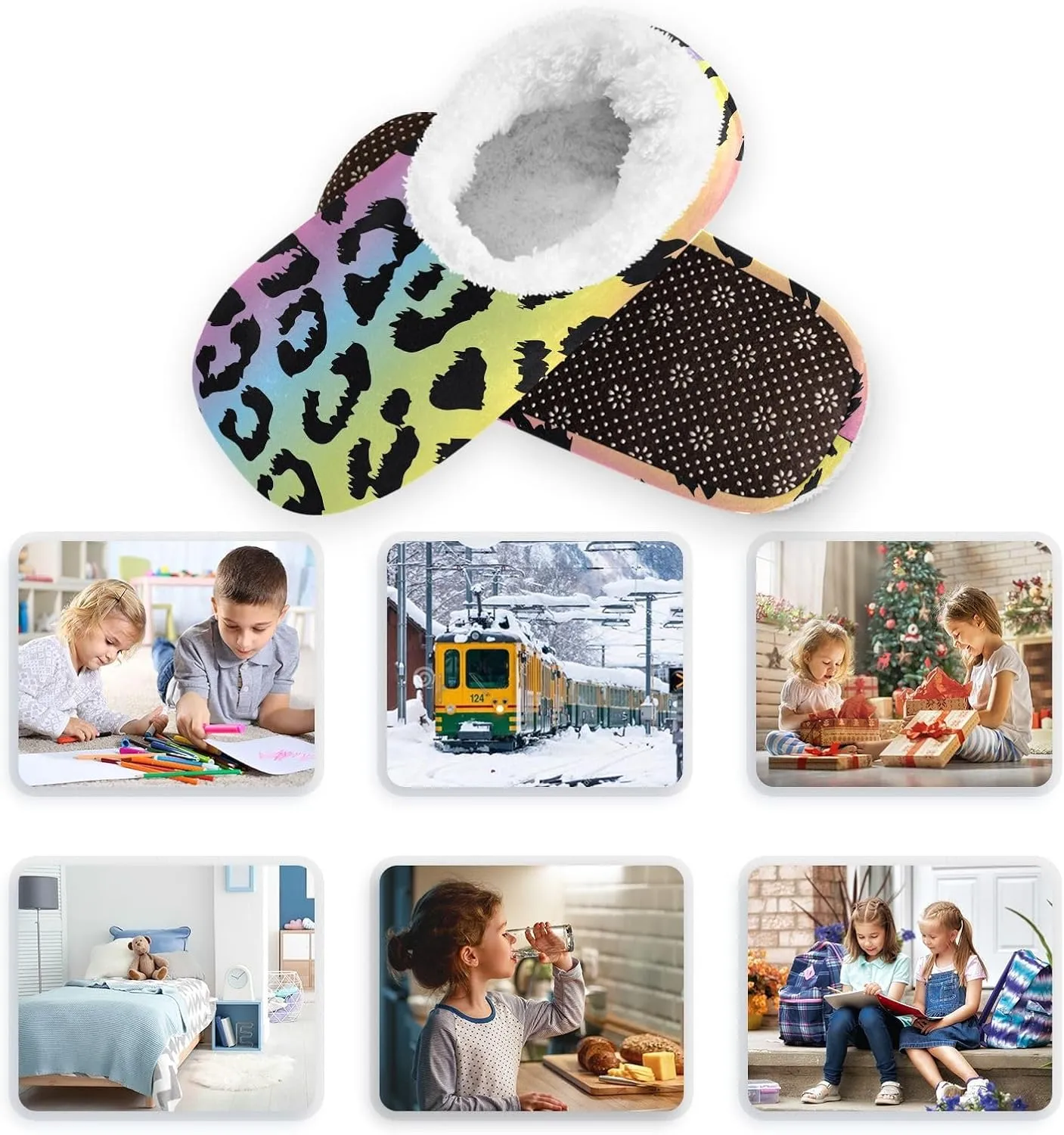 Kids Winter Slippers for Boys Girls Leopard Rainbow Animal Print Warm Soft Non Slip House Slippers Children Indoor