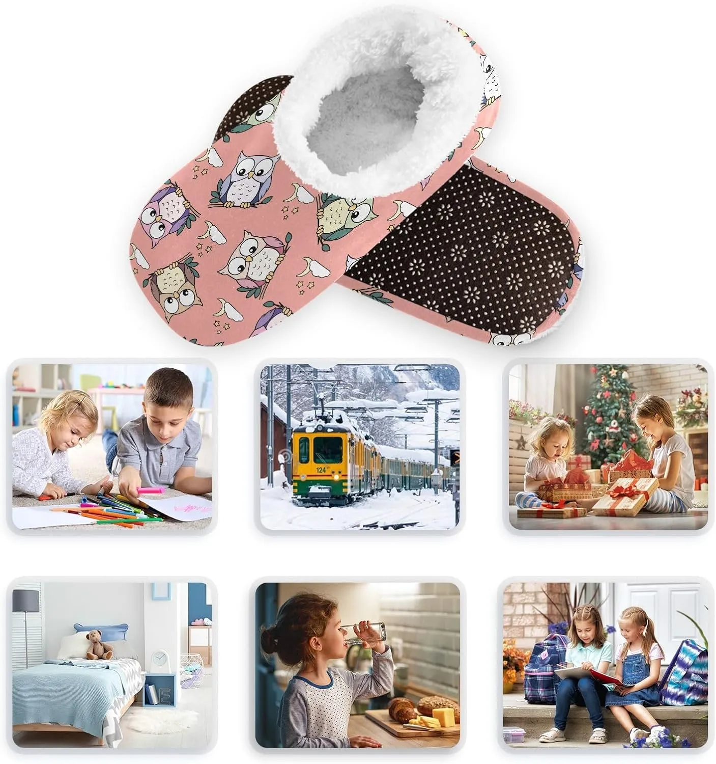 Kids Winter Slippers for Boys Girls Owl Pink Cartoon Funny Bird Warm Soft Non Slip House Slippers Children Indoor