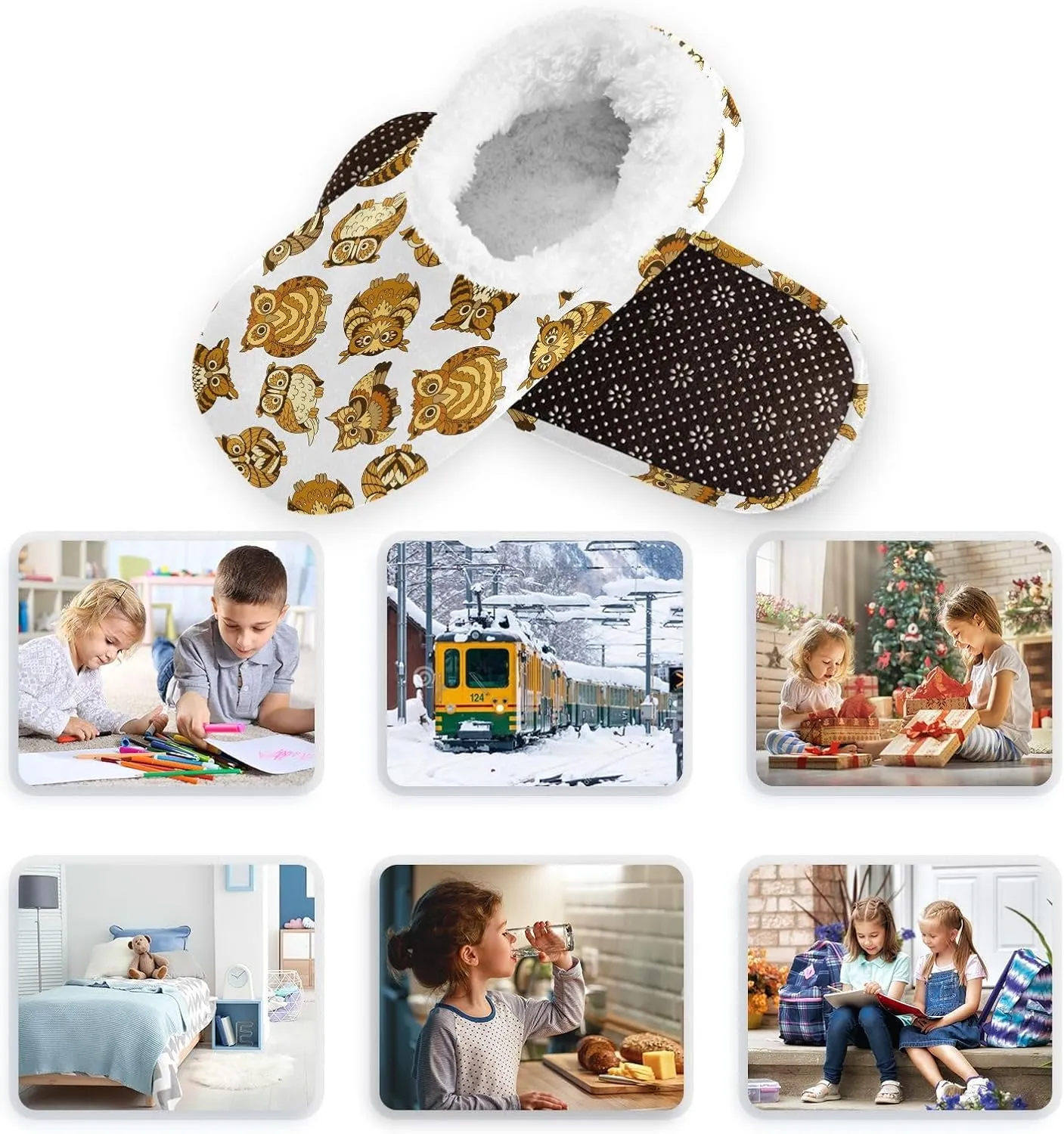 Kids Winter Slippers for Boys Girls Owls Colorful Bird Warm Soft Non Slip House Slippers Children Indoor