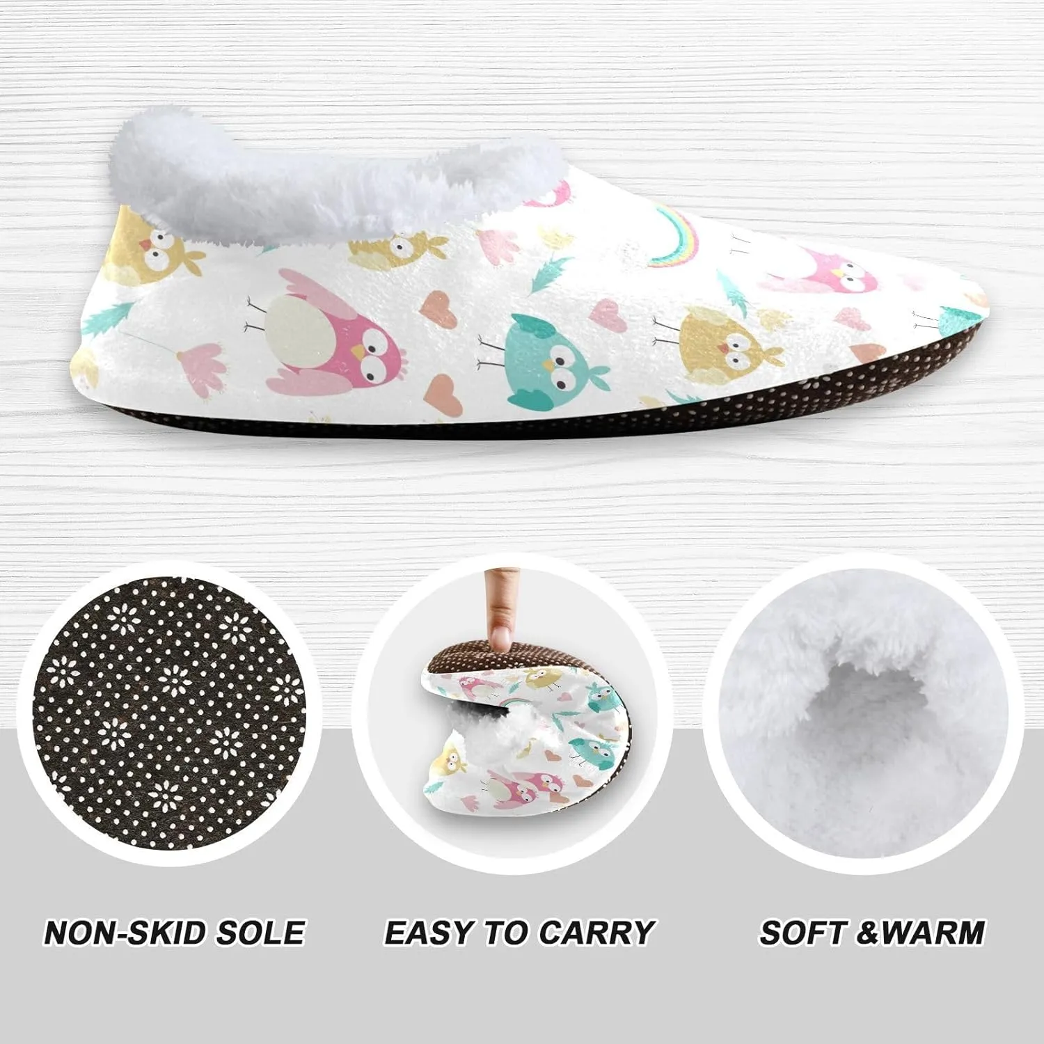 Kids Winter Slippers for Boys Girls Owls Flowers Rainbow Hearts Warm Soft Non Slip House Slippers Children Indoor