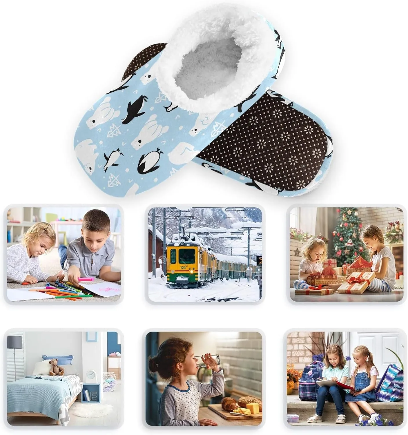 Kids Winter Slippers for Boys Girls Polar Bears Penguins Cartoon Warm Soft Non Slip House Slippers Children Indoor