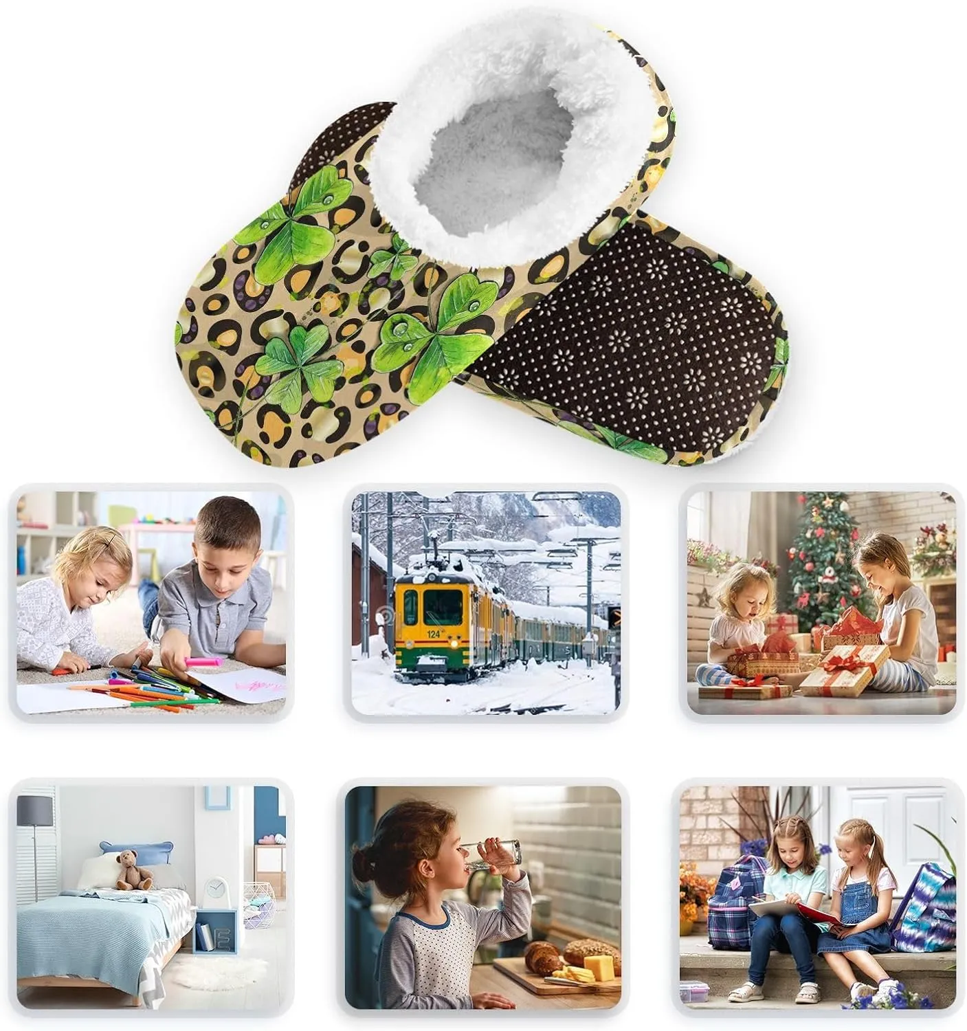 Kids Winter Slippers for Boys Girls Shamrocks Leopard Animal Print Warm Soft Non Slip House Slippers Children Indoor