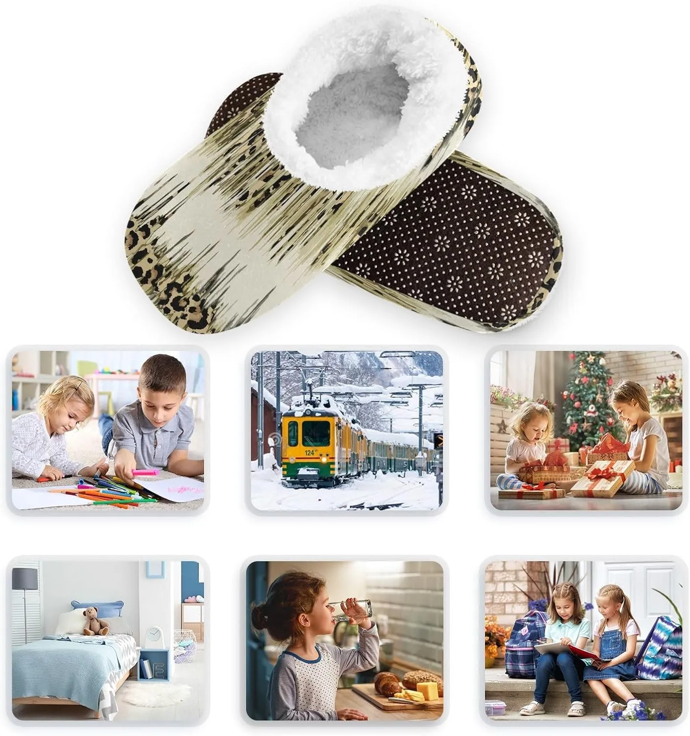 Kids Winter Slippers for Boys Girls Vintage Leopard Animal Print Warm Soft Non Slip House Slippers Children Indoor