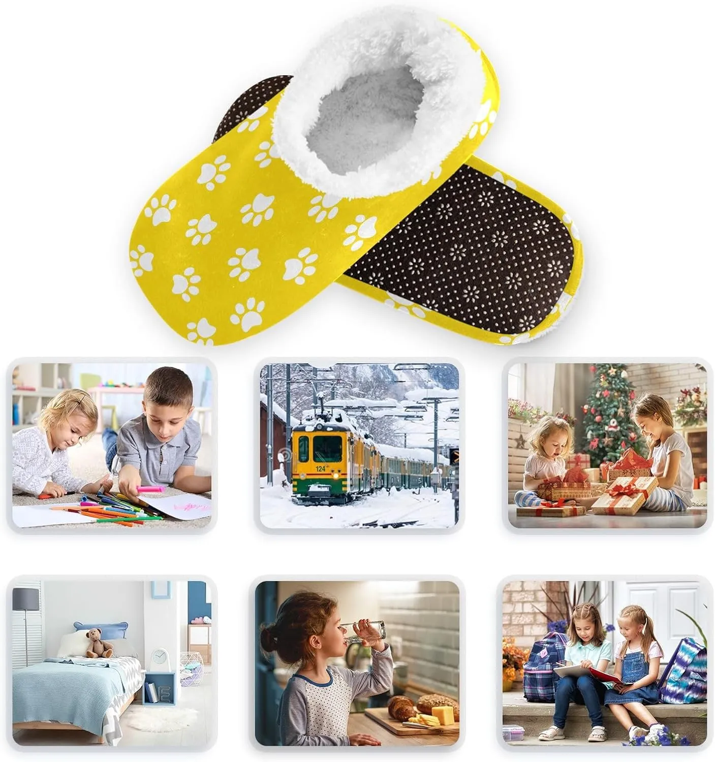 Kids Winter Slippers for Boys Girls White Paw Animal Print Warm Soft Non Slip House Slippers Children Indoor