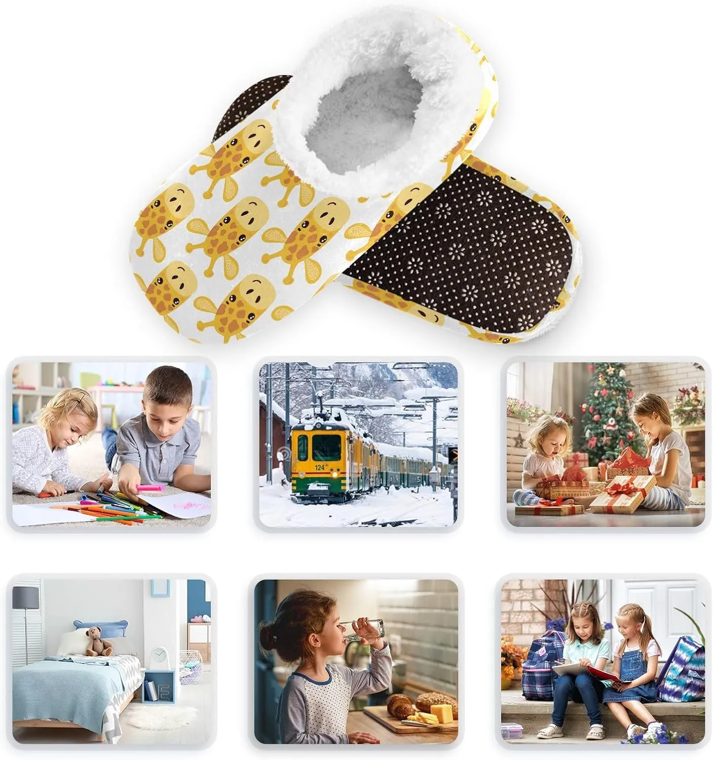 Kids Winter Slippers Giraffe Animal Face Lovely Animal Warm Soft Non Slip House Slippers for Boys Girls Indoor