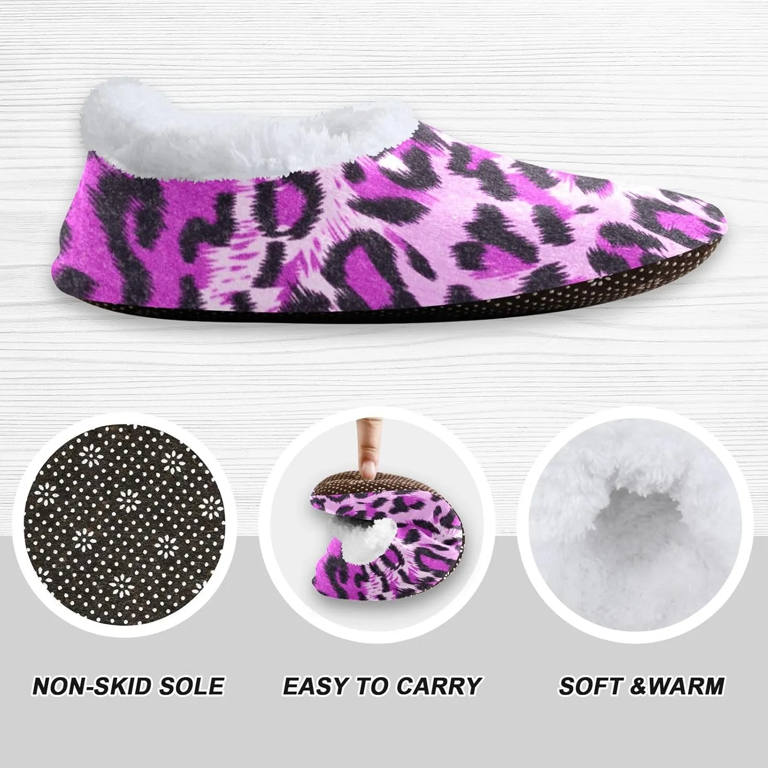 Kids Winter Slippers Leopard Animal Skin Print Purple Warm Soft Non Slip House Slippers for Boys Girls Indoor