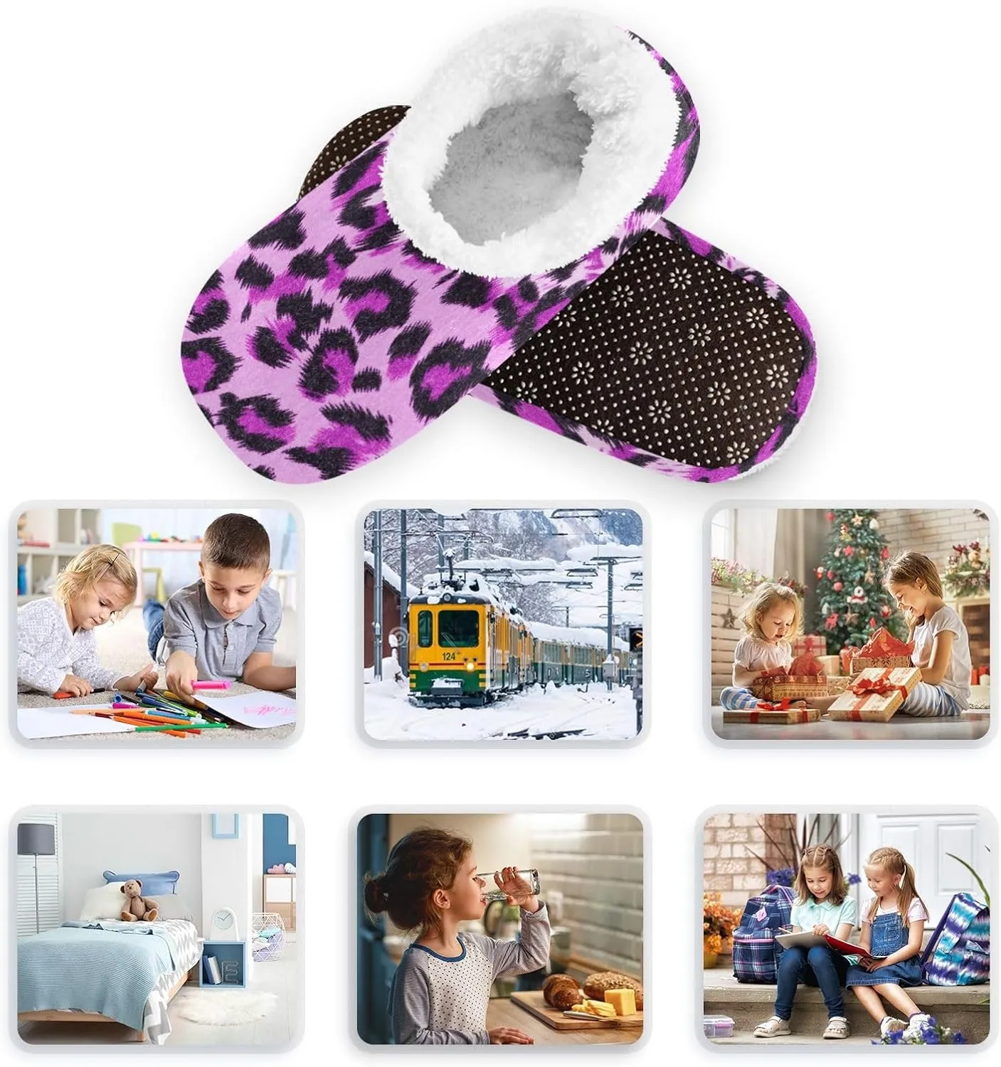 Kids Winter Slippers Leopard Animal Skin Print Purple Warm Soft Non Slip House Slippers for Boys Girls Indoor