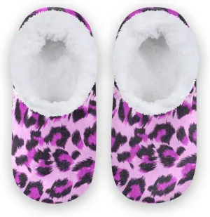 Kids Winter Slippers Leopard Animal Skin Print Purple Warm Soft Non Slip House Slippers for Boys Girls Indoor