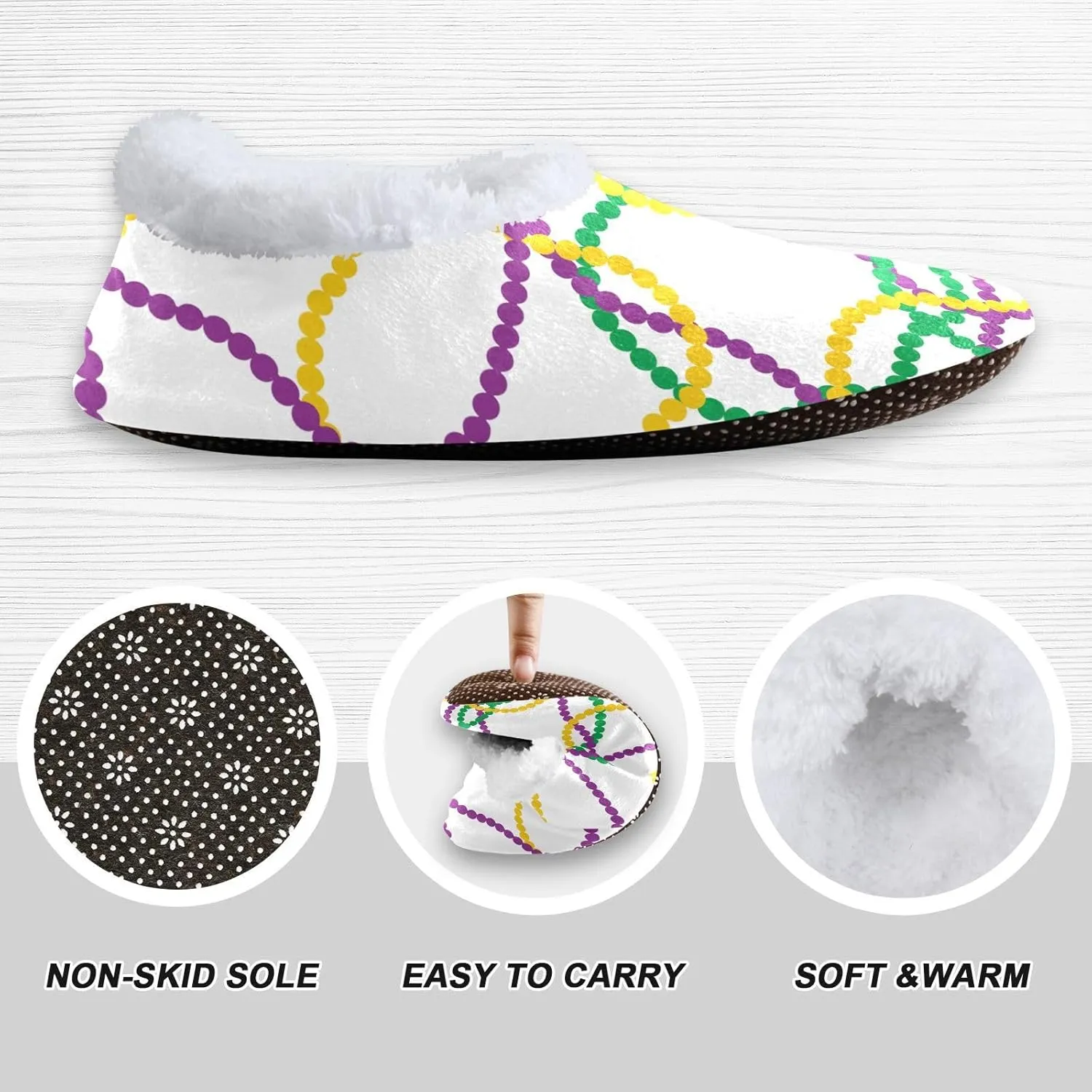 Kids Winter Slippers Mardi Gras Beads Colorful Pearl Warm Soft Non Slip House Slippers for Boys Girls Indoor