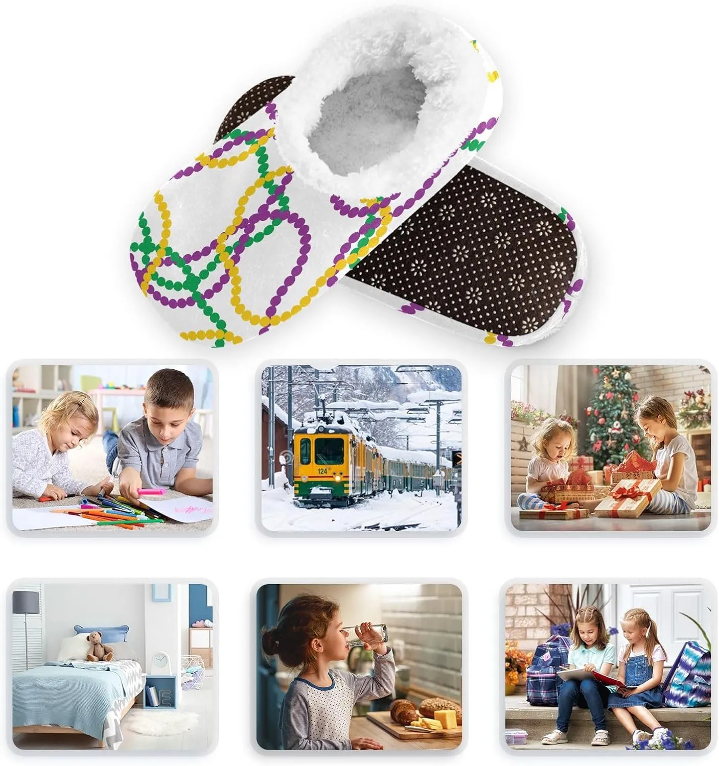 Kids Winter Slippers Mardi Gras Beads Colorful Pearl Warm Soft Non Slip House Slippers for Boys Girls Indoor