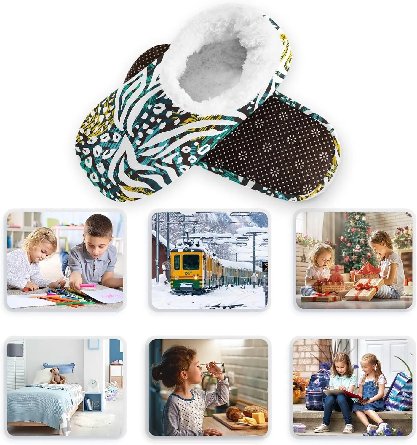 Kids Winter Slippers Palm Leaf Tiger Zebra Leopard Print Warm Soft Non Slip House Slippers for Boys Girls Indoor