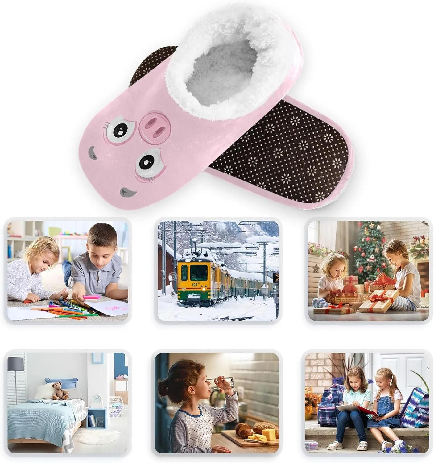 Kids Winter Slippers Pink Pig Face Cartoon Funny Animal Warm Soft Non Slip House Slippers for Boys Girls Indoor