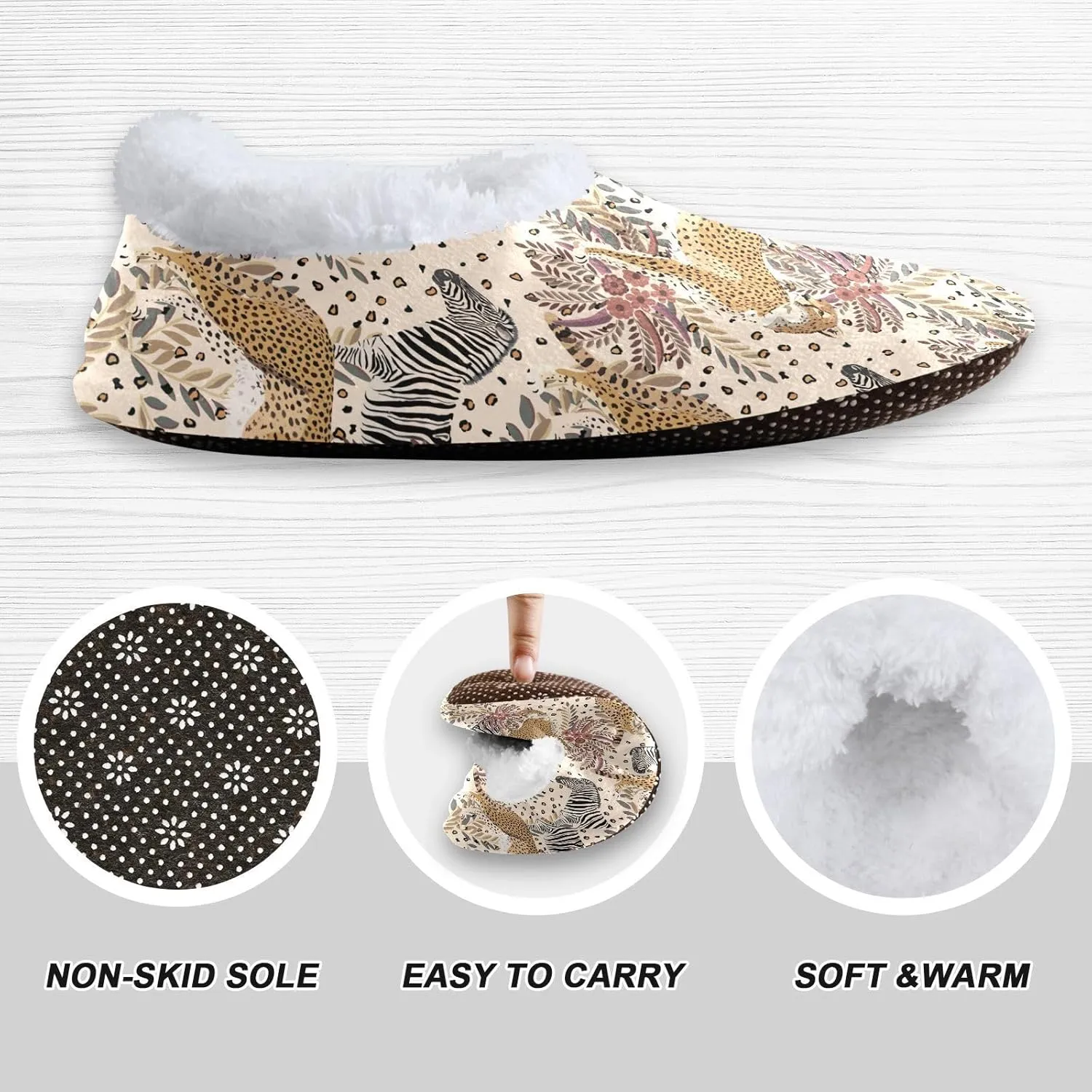 Kids Winter Slippers Retro Zebra Leopard Animal Skins Print Warm Soft Non Slip House Slippers for Boys Girls Indoor