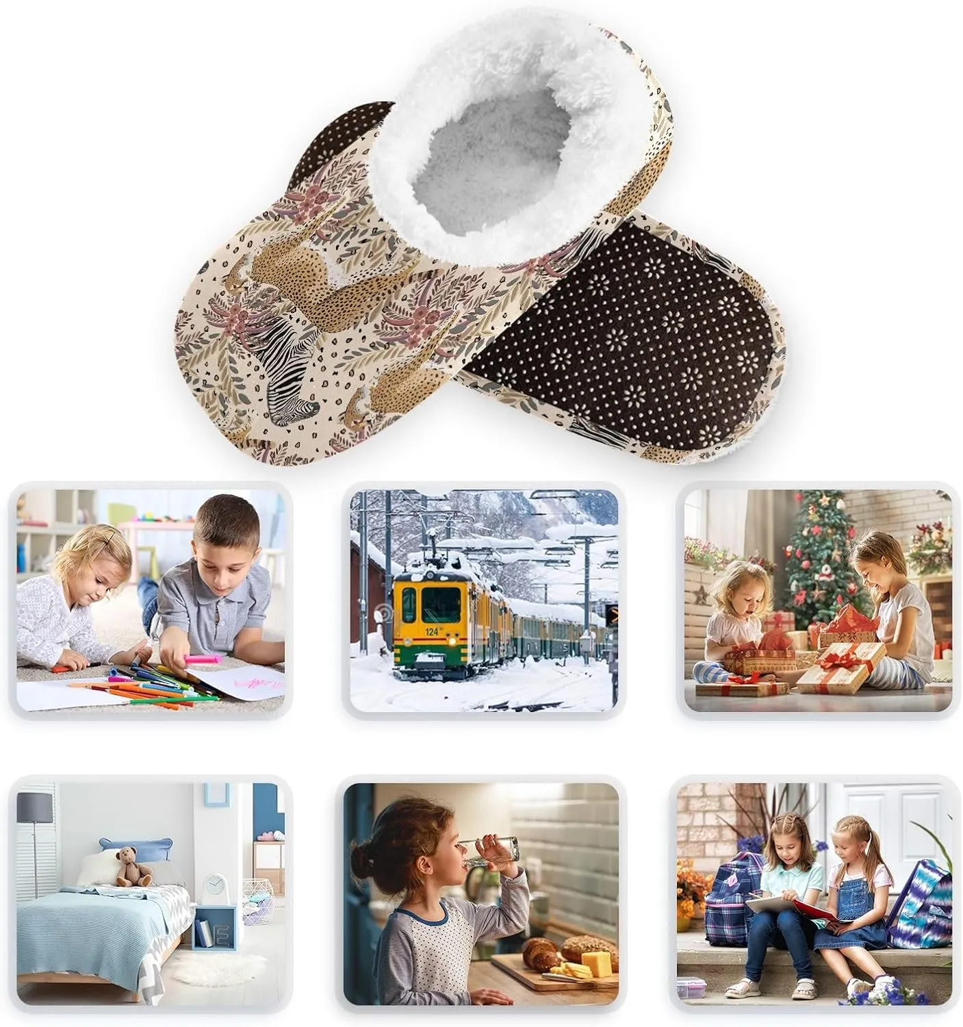 Kids Winter Slippers Retro Zebra Leopard Animal Skins Print Warm Soft Non Slip House Slippers for Boys Girls Indoor