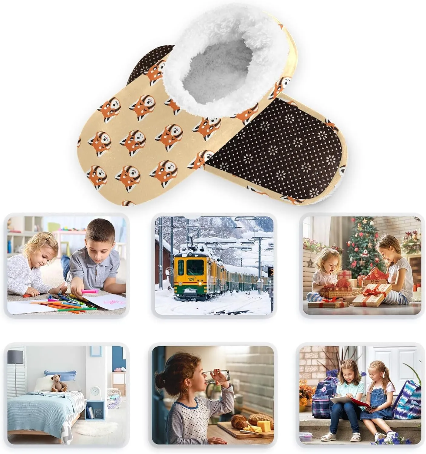 Kids Winter Slippers Seamless Red Panda Face Animal Pattern Warm Soft Non Slip House Slippers for Boys Girls Indoor