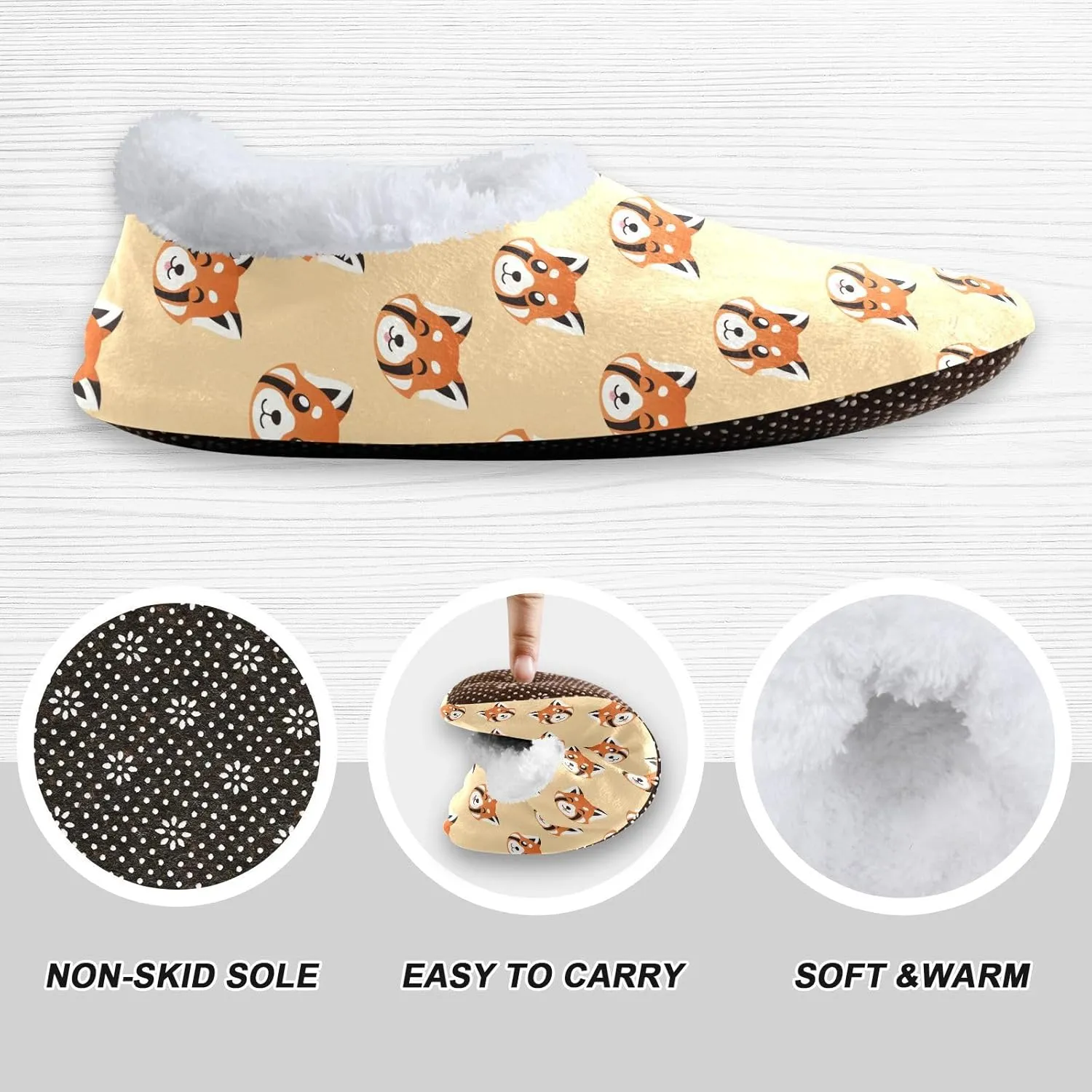 Kids Winter Slippers Seamless Red Panda Face Animal Pattern Warm Soft Non Slip House Slippers for Boys Girls Indoor