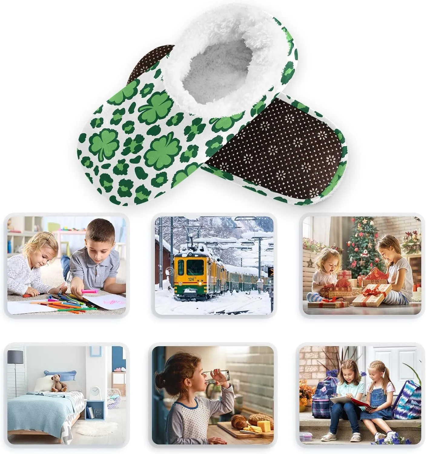Kids Winter Slippers Shamrock Leopard Print Warm Soft Non Slip House Slippers for Boys Girls Indoor