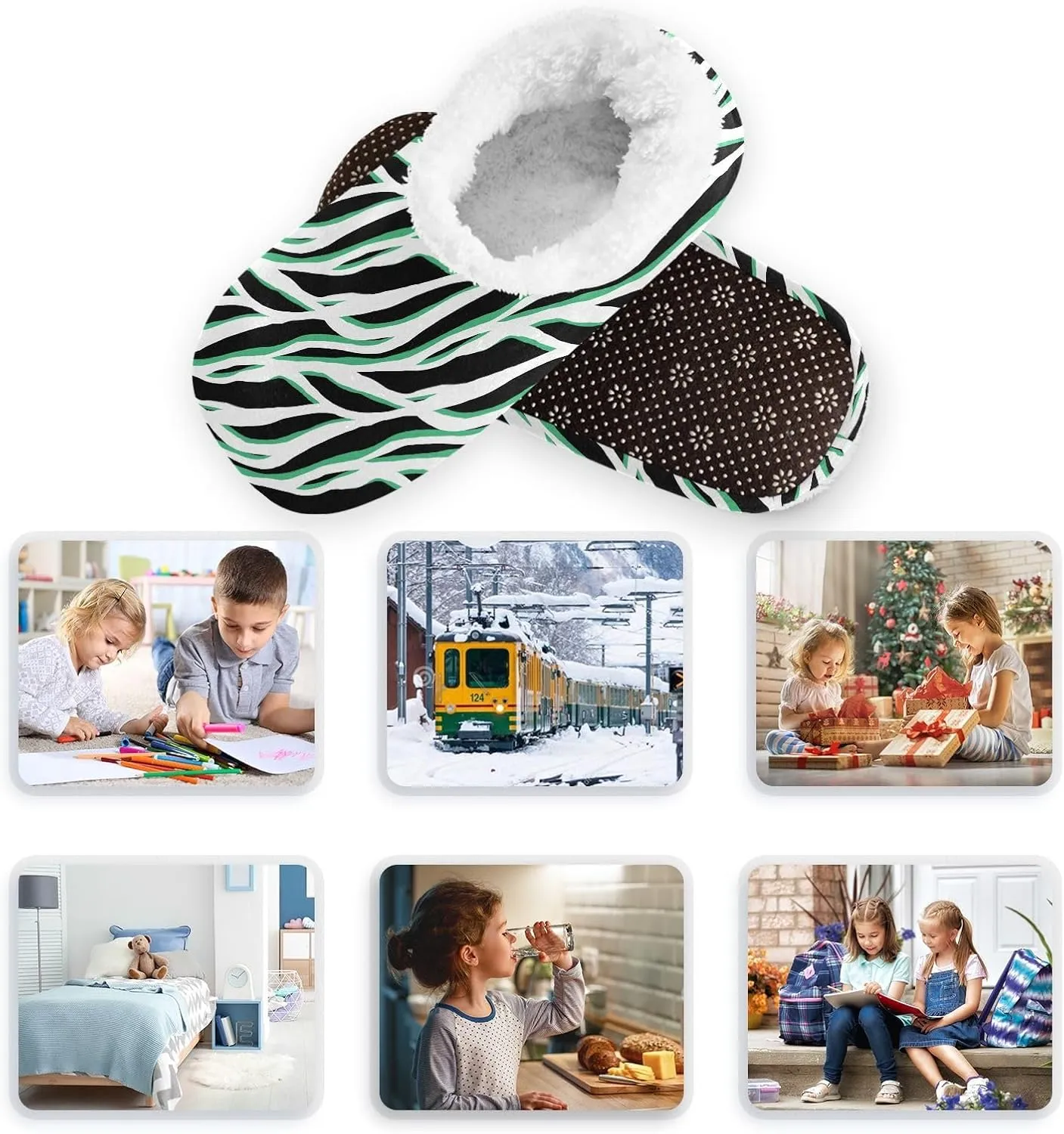 Kids Winter Slippers Stripes Lines Zebra Animal Skin Print Warm Soft Non Slip House Slippers for Boys Girls Indoor