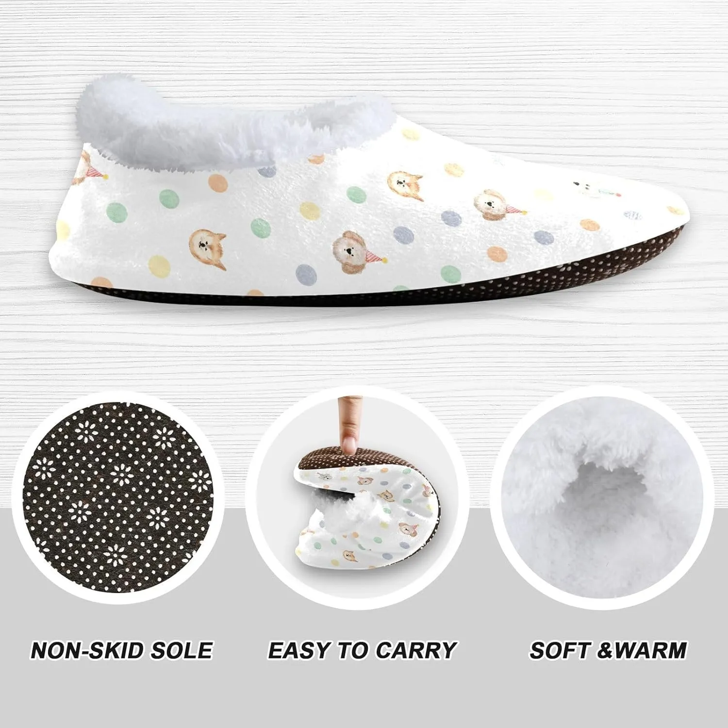 Kids Winter Slippers Watercolor Polka Dots Lovely Dogs Warm Soft Non Slip House Slippers for Boys Girls Indoor