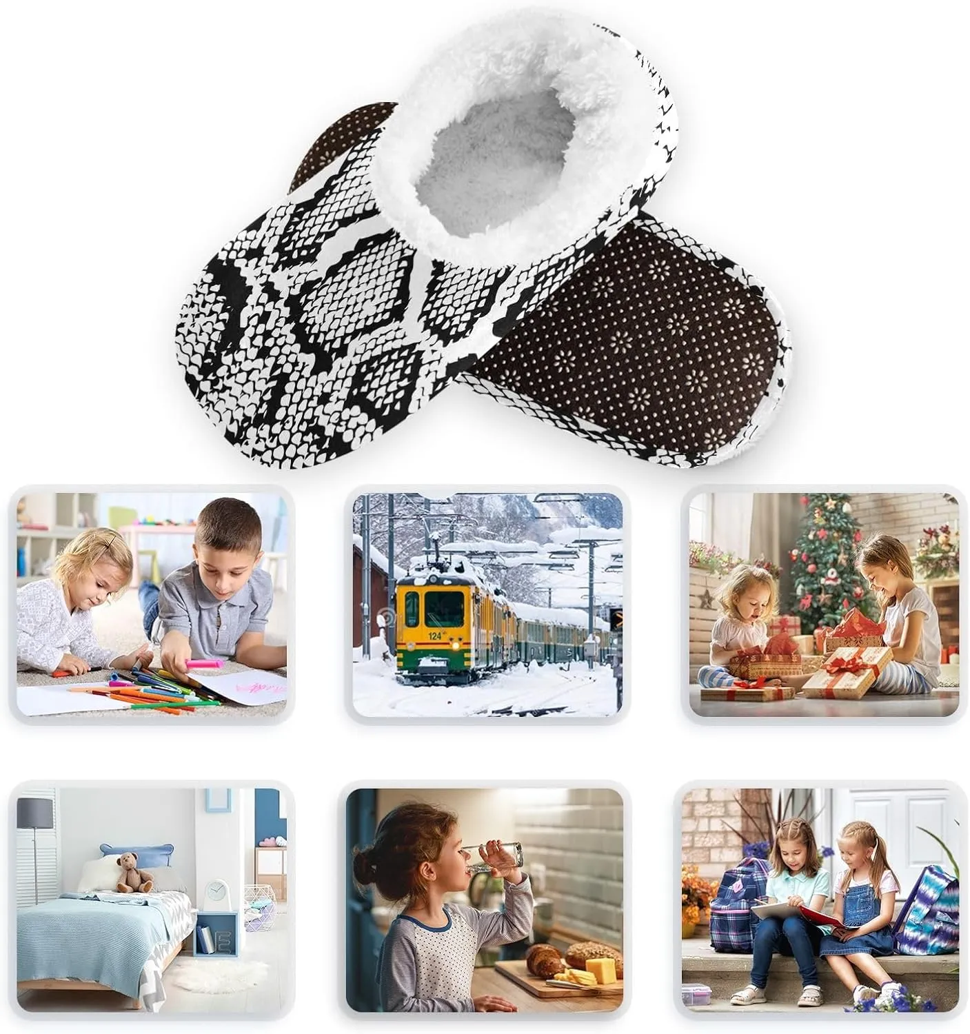 Kids Winter Slippers White Black Texture Snakes Skin Warm Soft Non Slip House Slippers for Boys Girls Indoor