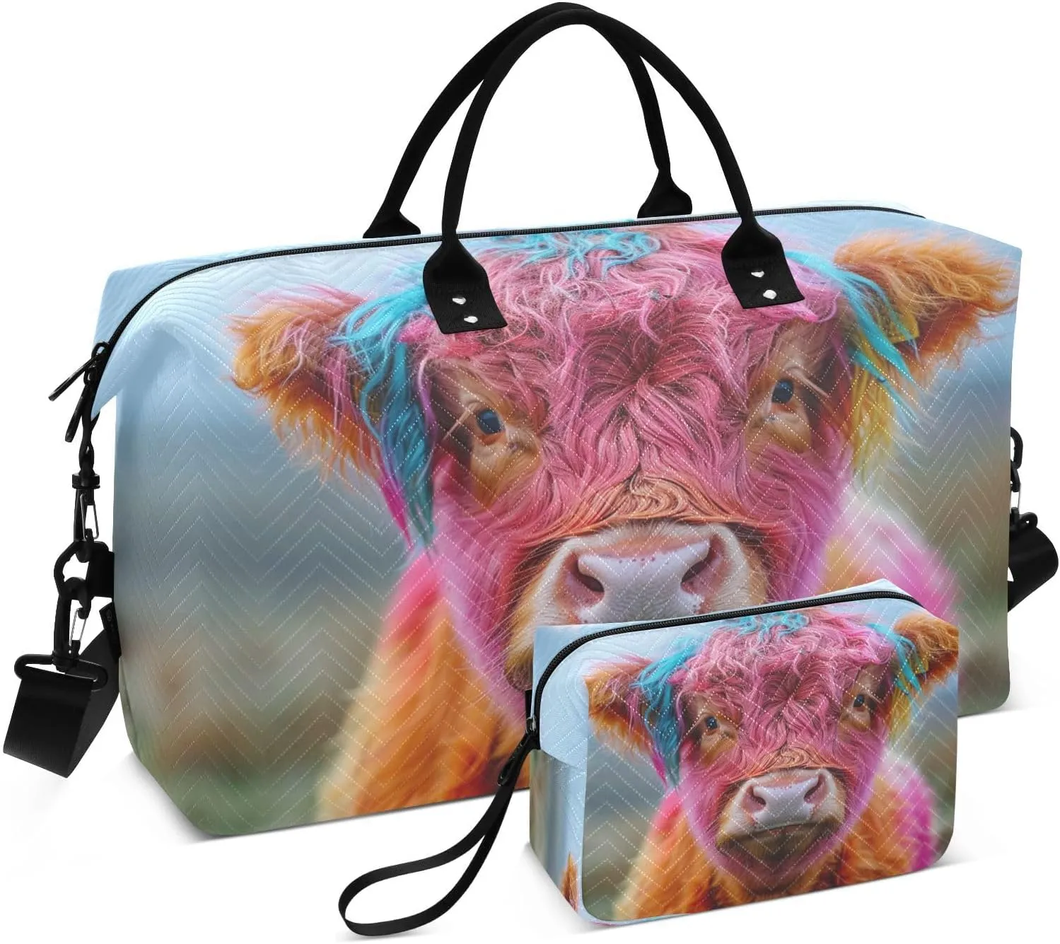 Kigai Colorful Cute Highland Cattle Travel Duffel Bags 2PCS,Sports Duffel Bags for Men Women,Weekender Overnight Bag Gym Tote Bag with Toiletry Bag