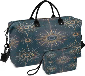 Kigai Mysterious Tribe Sun Eye Travel Duffel Bags 2PCS,Sports Duffel Bags for Men Women,Weekender Overnight Bag Gym Tote Bag with Toiletry Bag
